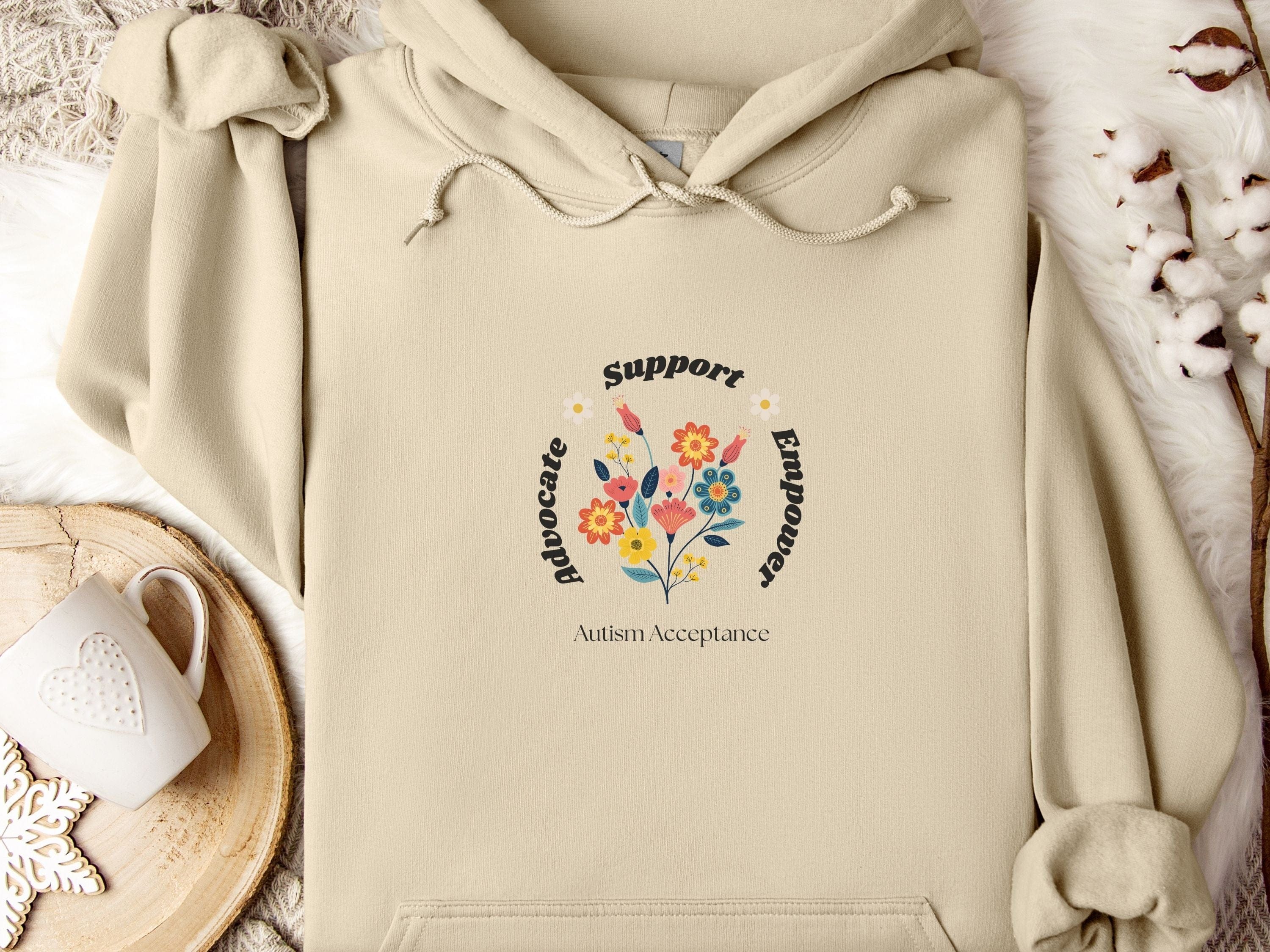 Advocate Support Empower Bunch of Flowers Hoodie-Sand-Neurodiversity, ADHD & Autism Awareness & Acceptance Hoodie by Daily Bloom