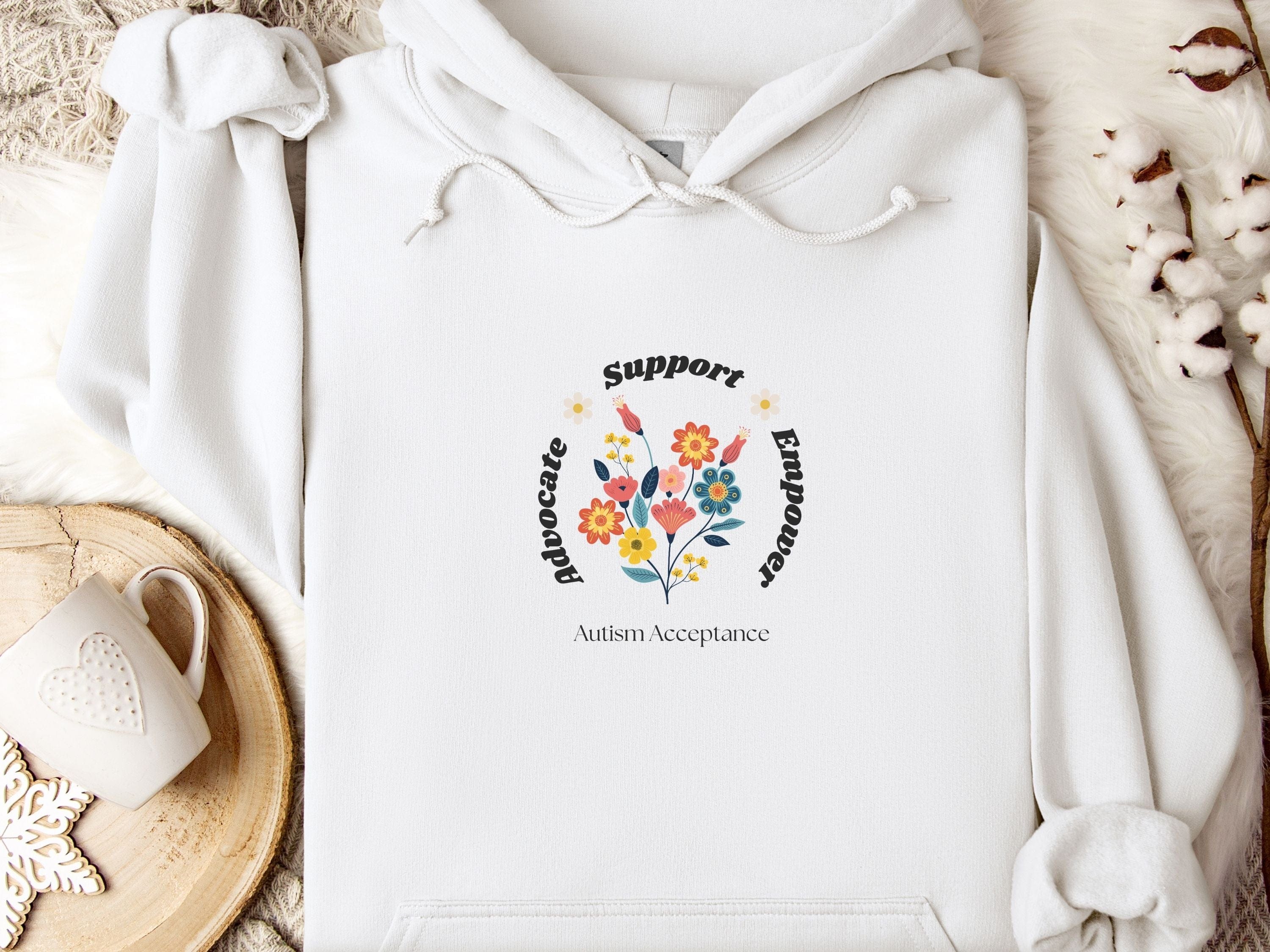 Advocate Support Empower Bunch of Flowers Hoodie-White-Neurodiversity, ADHD & Autism Awareness & Acceptance Hoodie by Daily Bloom