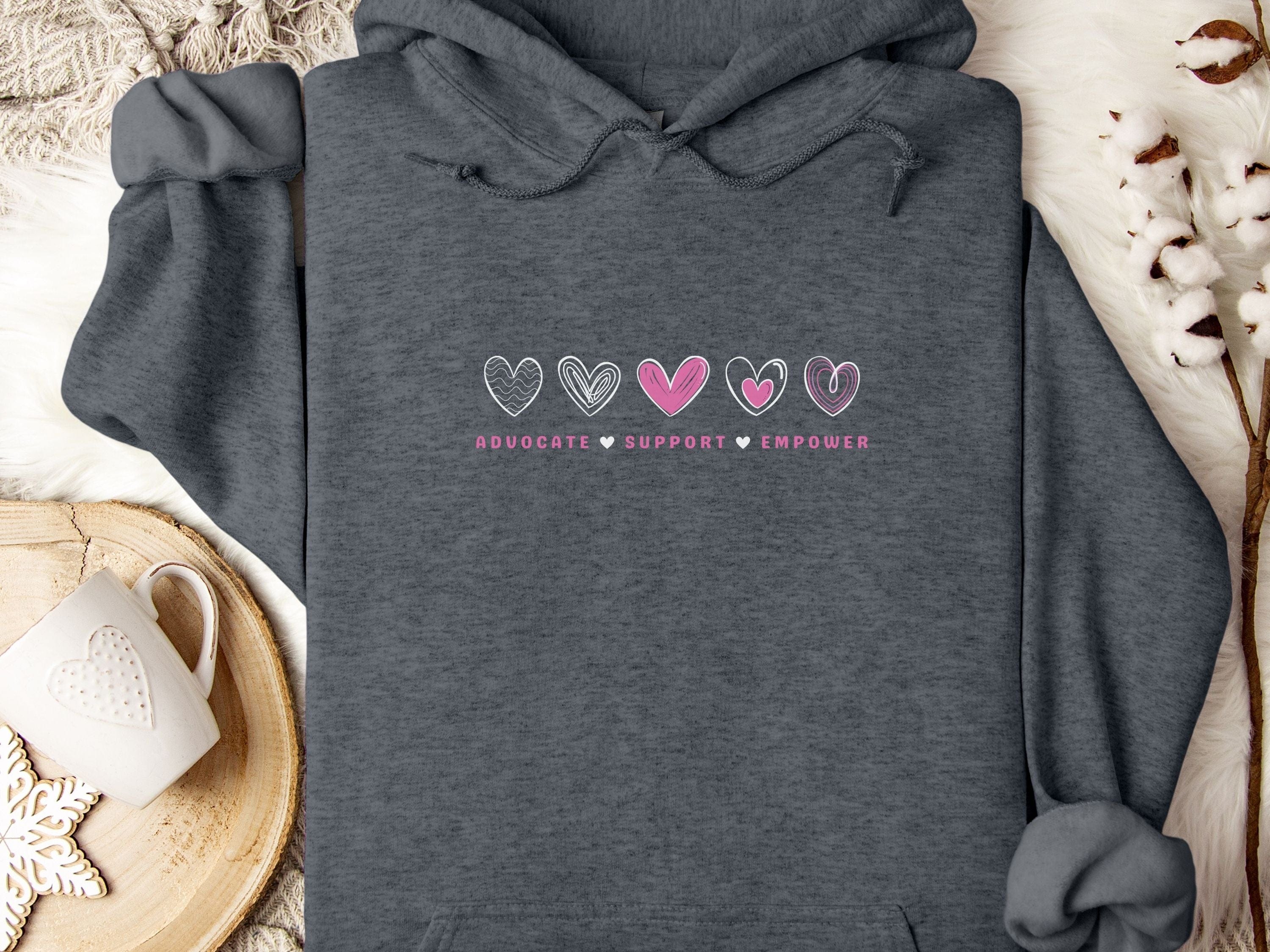 Advocate Support Empower Love Hearts Hoodie-Dark Heather-Neurodiversity, ADHD & Autism Awareness & Acceptance Hoodie by Daily Bloom