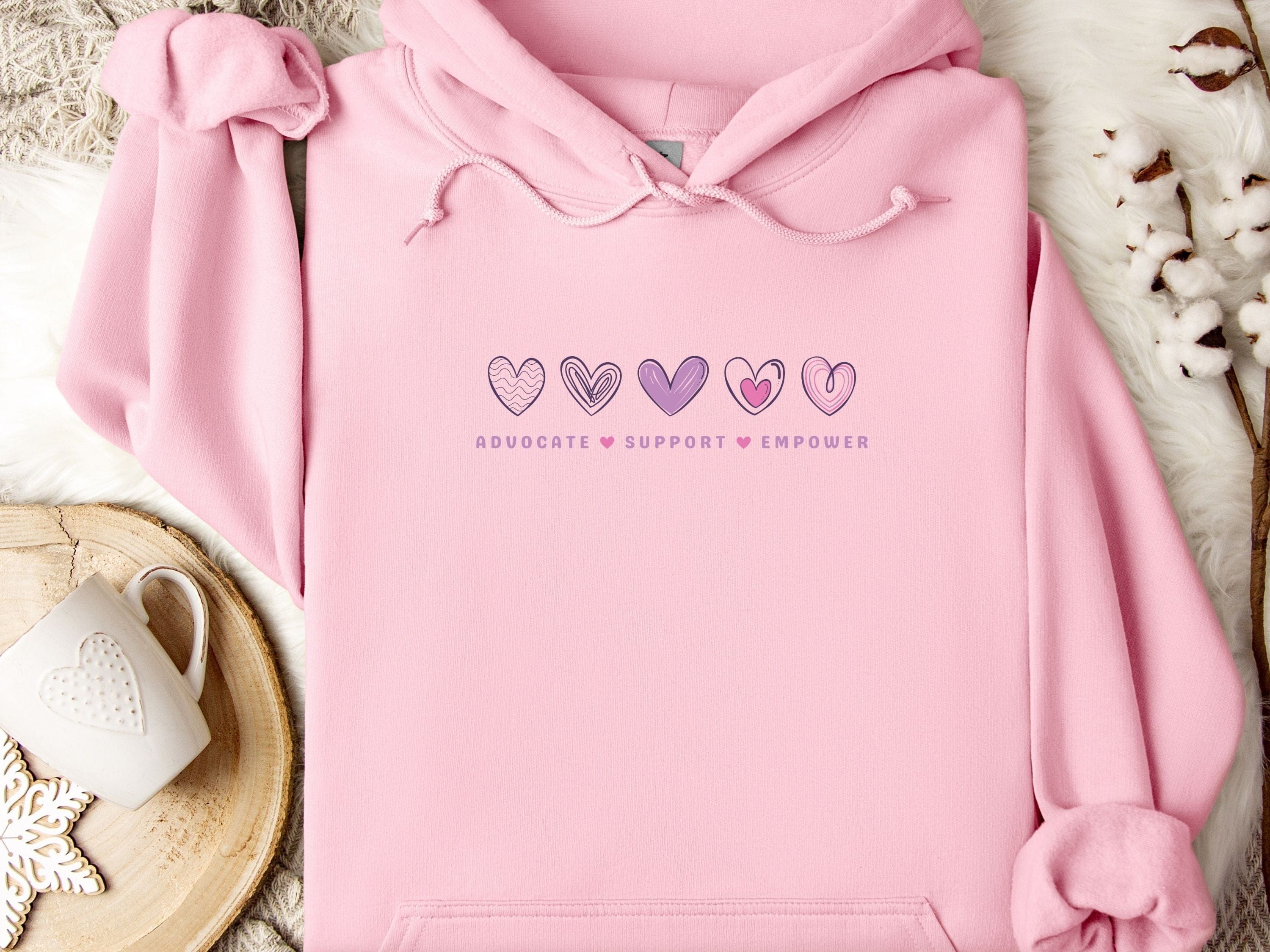 Advocate Support Empower Love Hearts Hoodie-Light Pink-Neurodiversity, ADHD & Autism Awareness & Acceptance Hoodie by Daily Bloom
