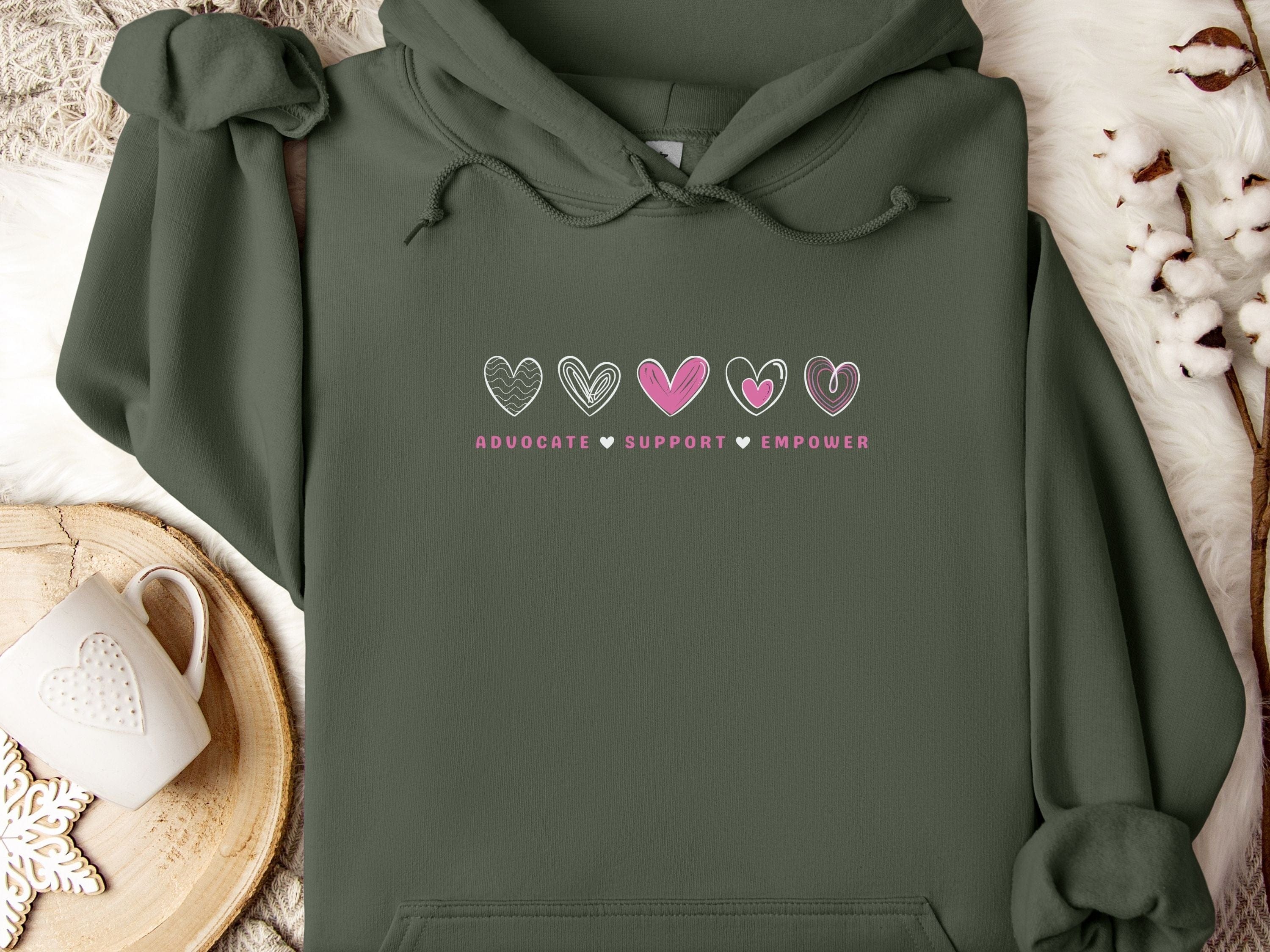 Advocate Support Empower Love Hearts Hoodie-Military Green-Neurodiversity, ADHD & Autism Awareness & Acceptance Hoodie by Daily Bloom