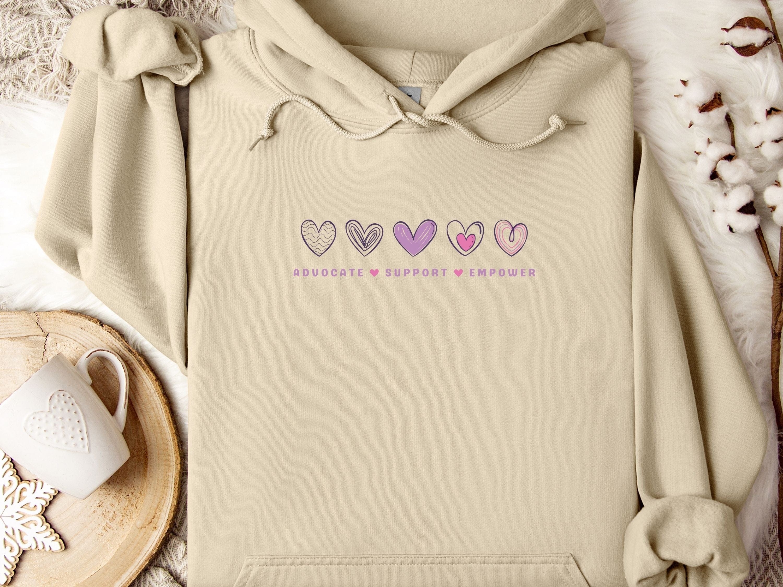 Advocate Support Empower Love Hearts Hoodie-Sand-Neurodiversity, ADHD & Autism Awareness & Acceptance Hoodie by Daily Bloom