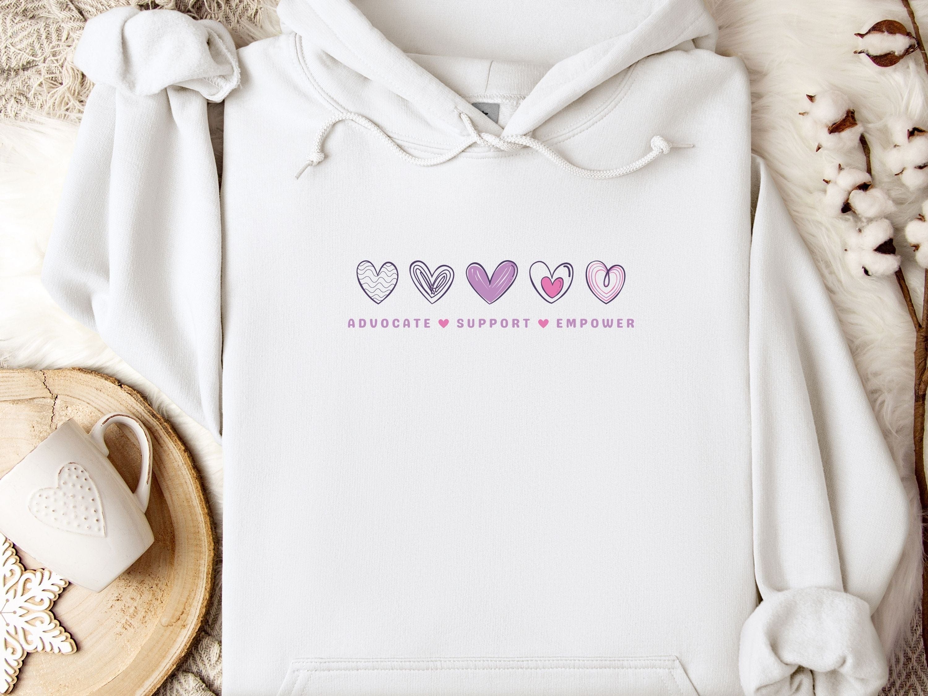 Advocate Support Empower Love Hearts Hoodie-White-Neurodiversity, ADHD & Autism Awareness & Acceptance Hoodie by Daily Bloom