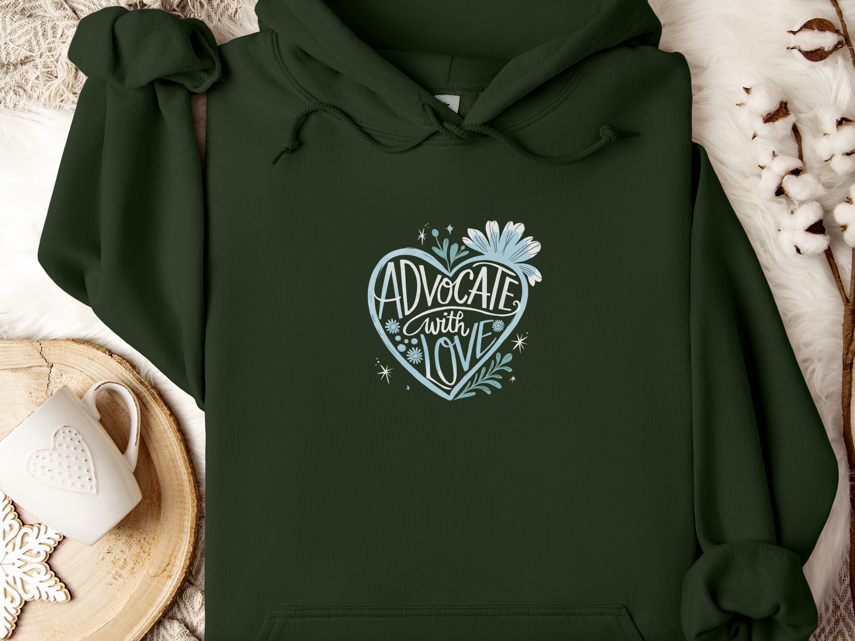 Advocate with Love Hoodie-Forest Green-Neurodiversity, ADHD & Autism Awareness & Acceptance Hoodie by Daily Bloom