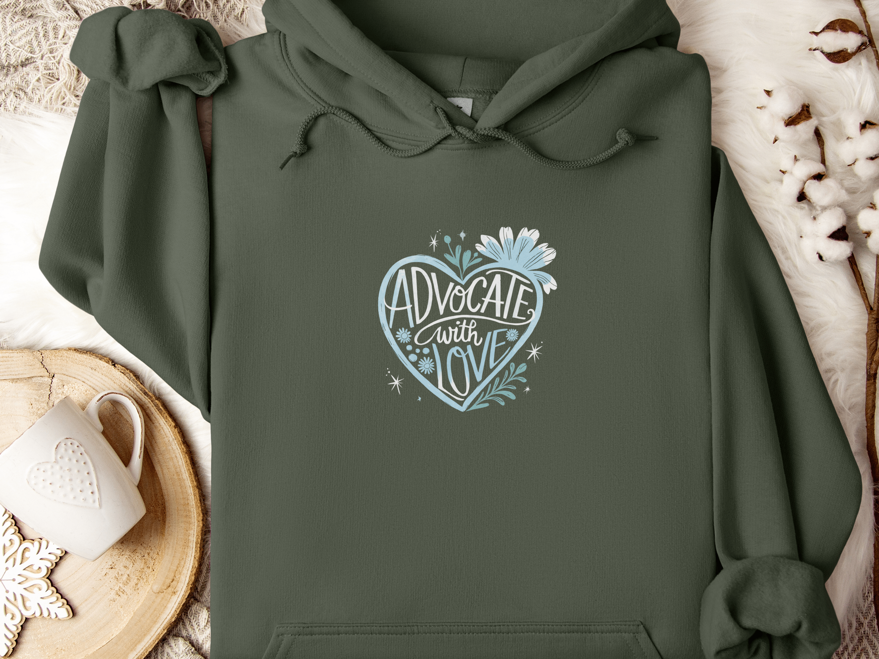 Advocate with Love Hoodie-Military Green-Neurodiversity, ADHD & Autism Awareness & Acceptance Hoodie by Daily Bloom