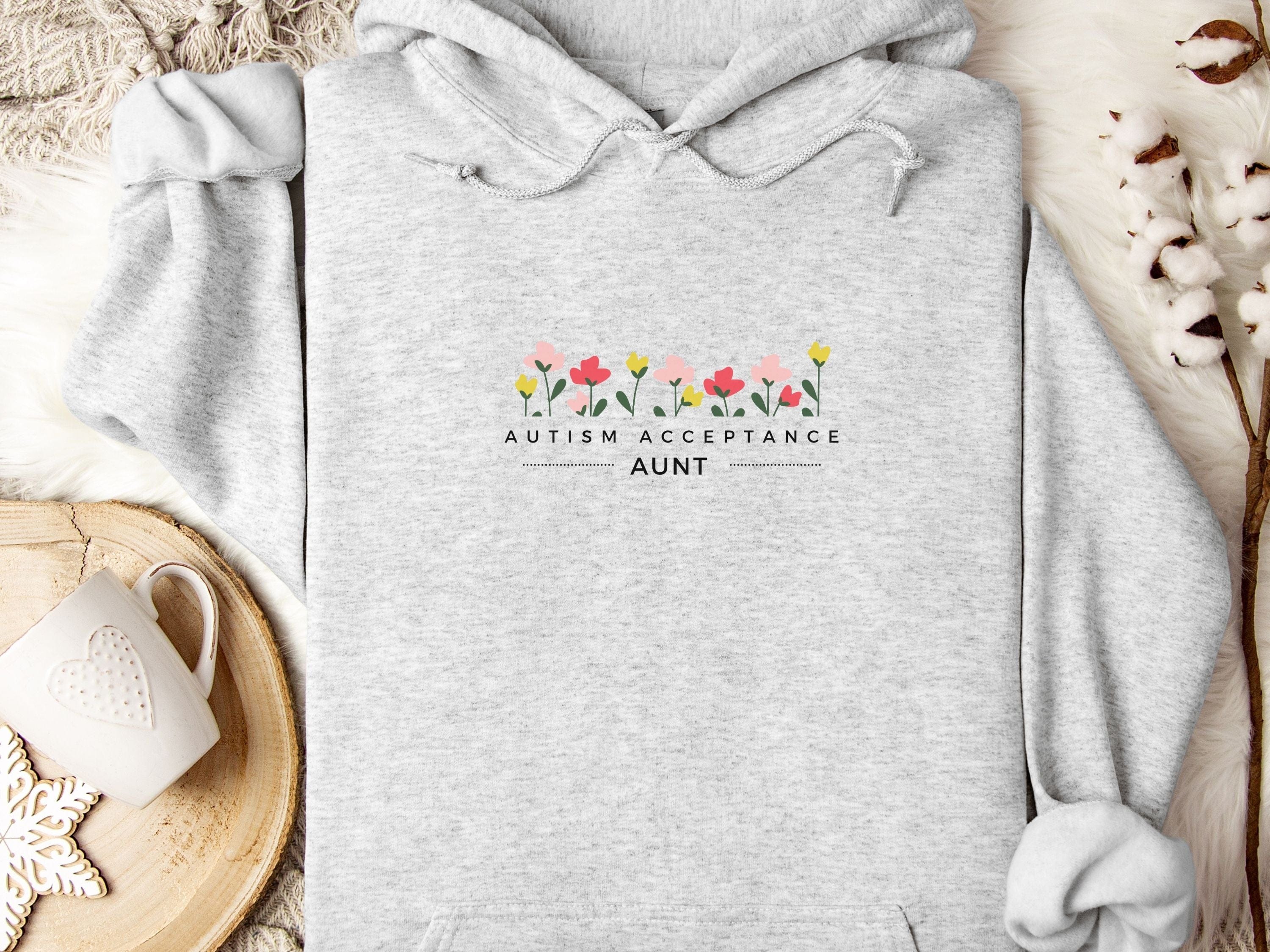 Aunt Autism Acceptance Flowers Hoodie-Ash-Neurodiversity, ADHD & Autism Awareness & Acceptance Hoodie by Daily Bloom