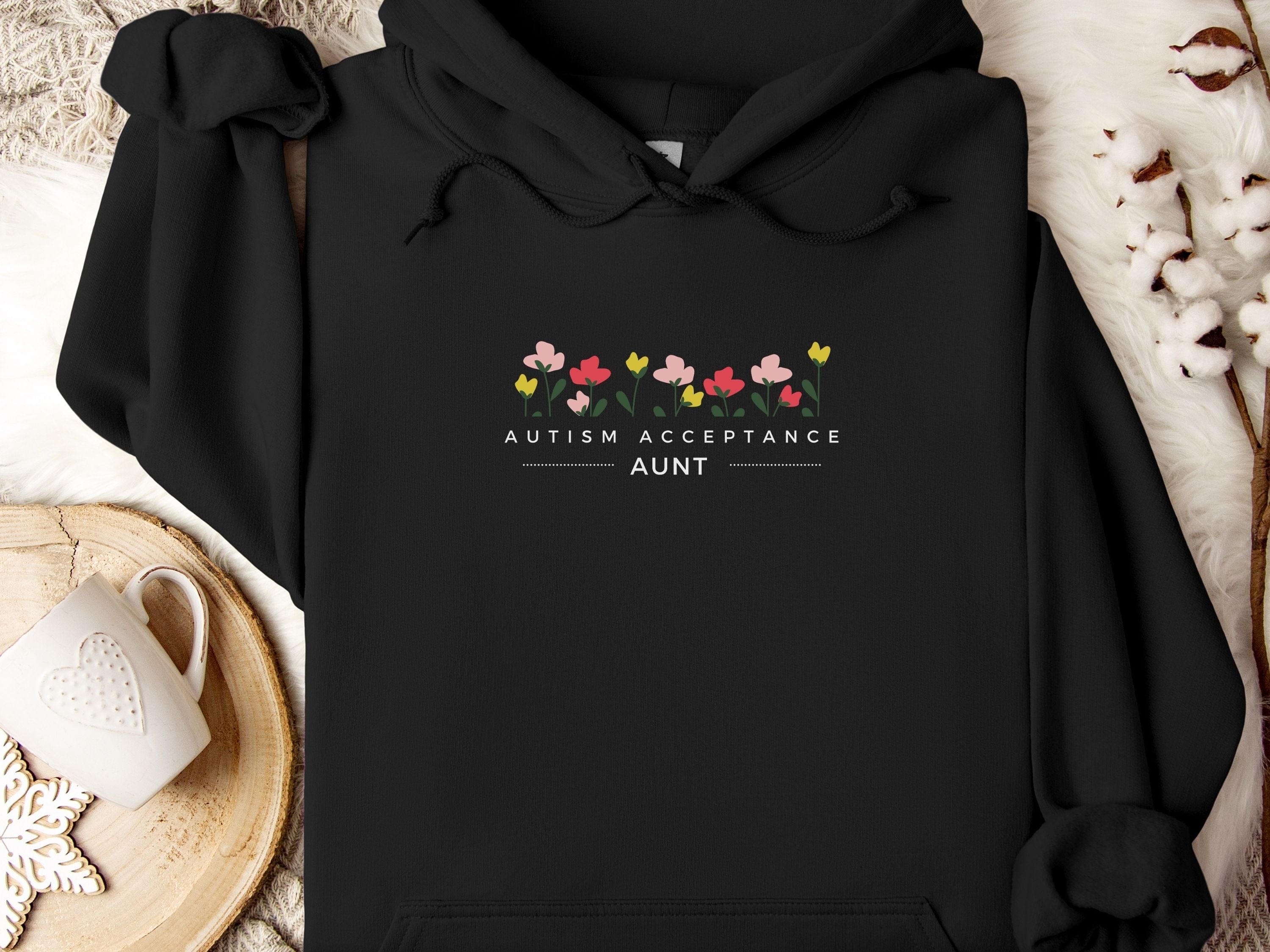 Aunt Autism Acceptance Flowers Hoodie-Black-Neurodiversity, ADHD & Autism Awareness & Acceptance Hoodie by Daily Bloom