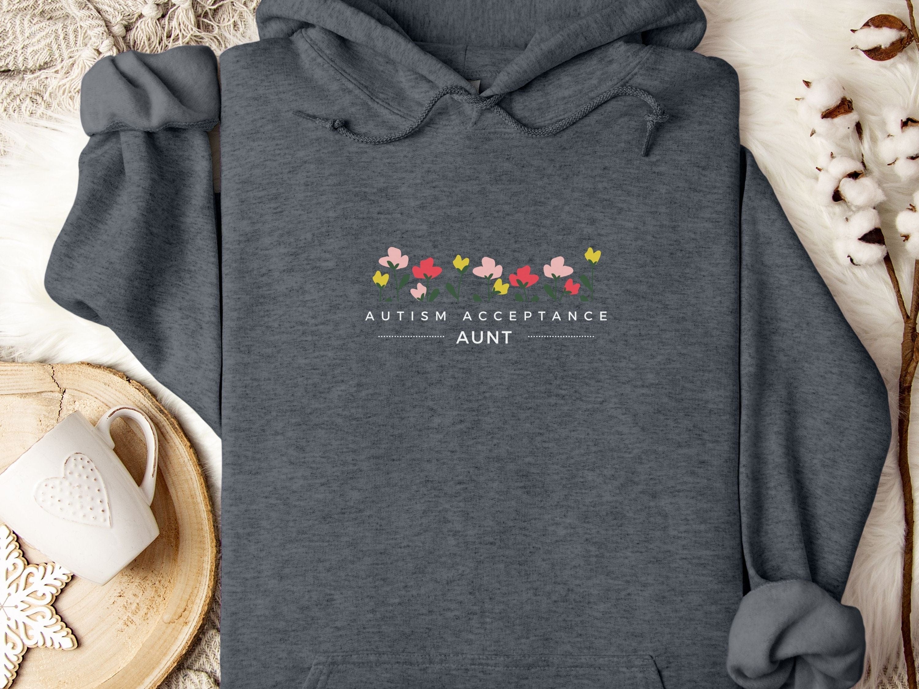 Aunt Autism Acceptance Flowers Hoodie-Dark Heather-Neurodiversity, ADHD & Autism Awareness & Acceptance Hoodie by Daily Bloom