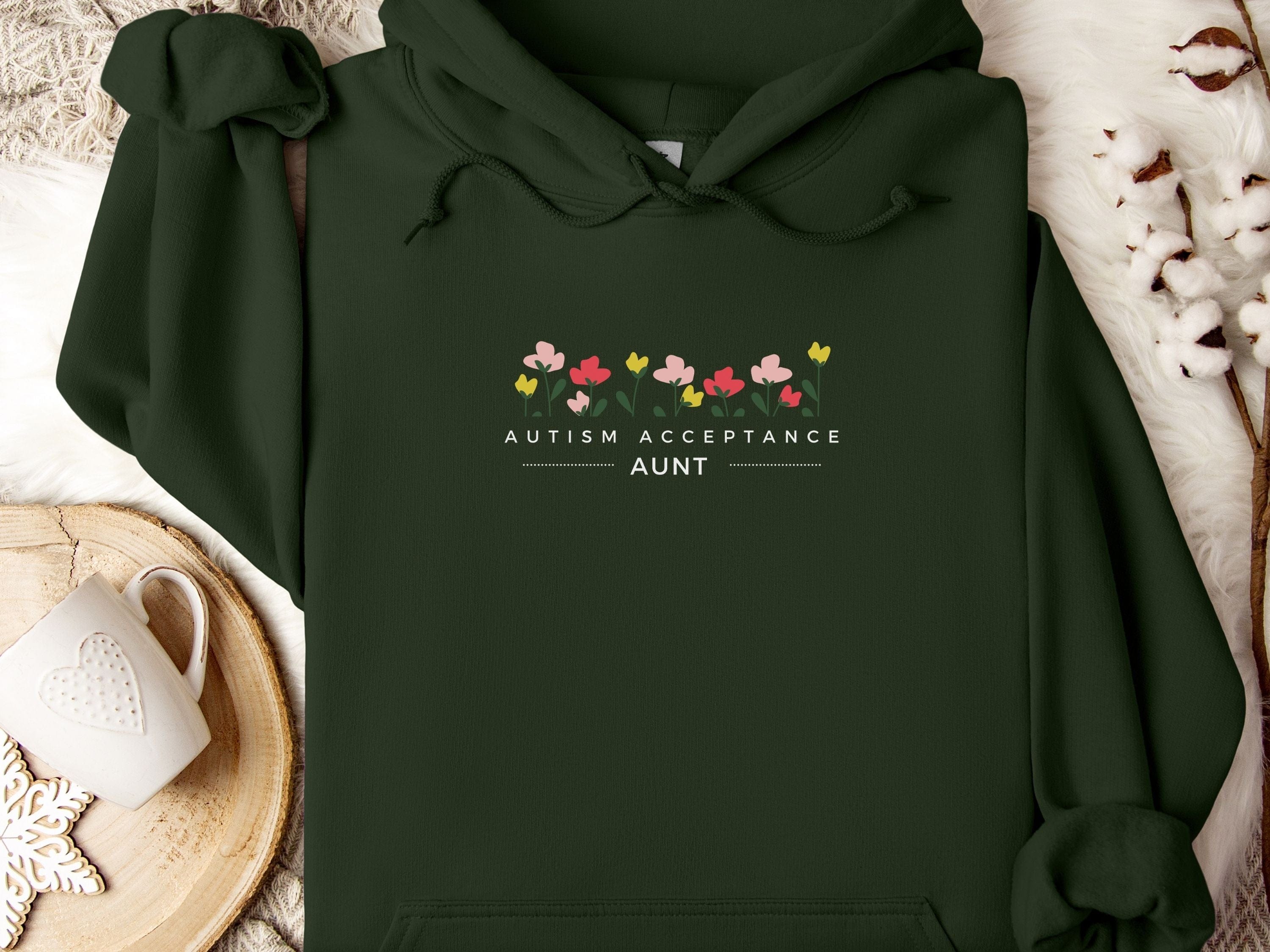 Aunt Autism Acceptance Flowers Hoodie-Forest Green-Neurodiversity, ADHD & Autism Awareness & Acceptance Hoodie by Daily Bloom