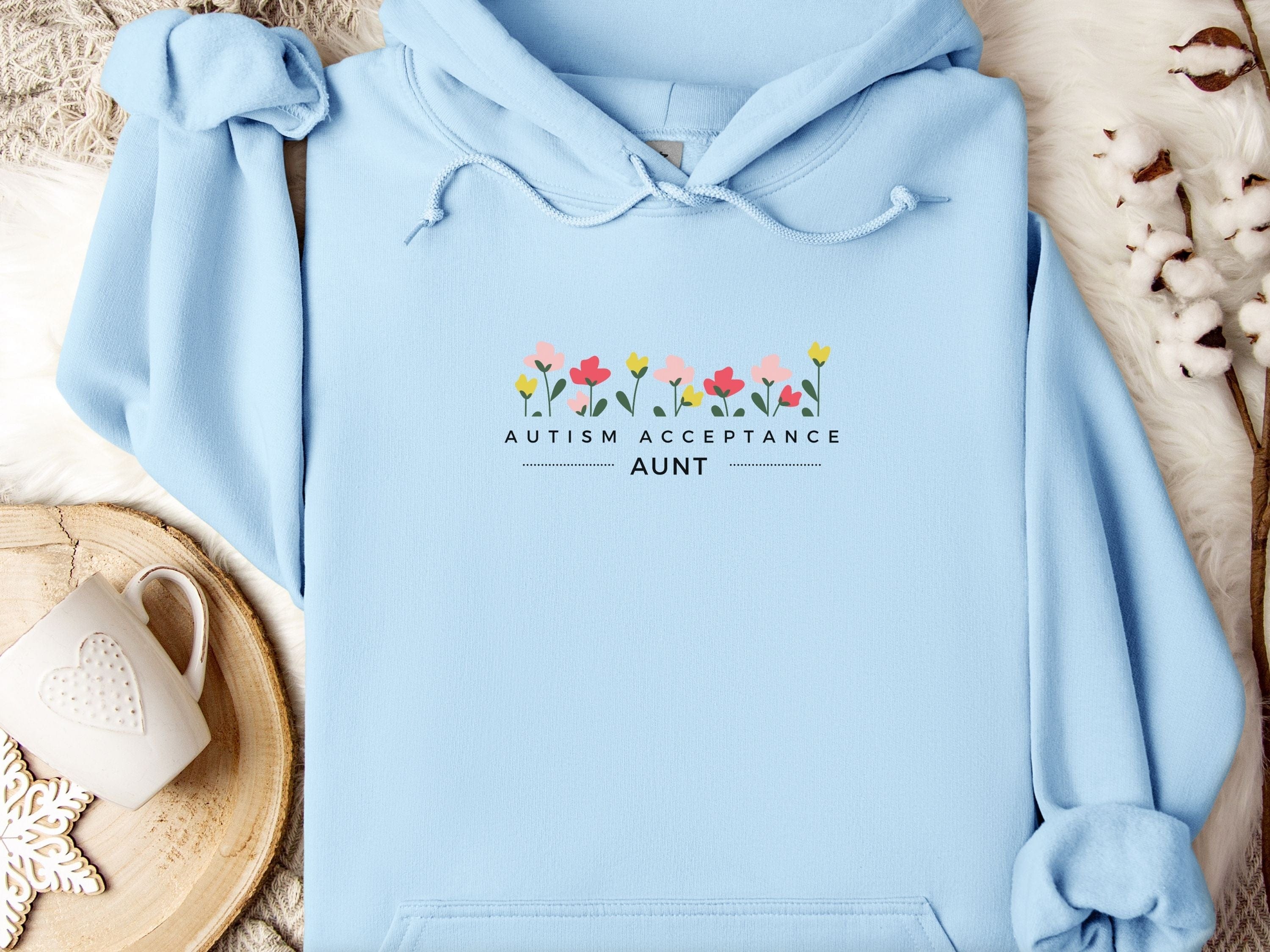 Aunt Autism Acceptance Flowers Hoodie-Light Blue-Neurodiversity, ADHD & Autism Awareness & Acceptance Hoodie by Daily Bloom