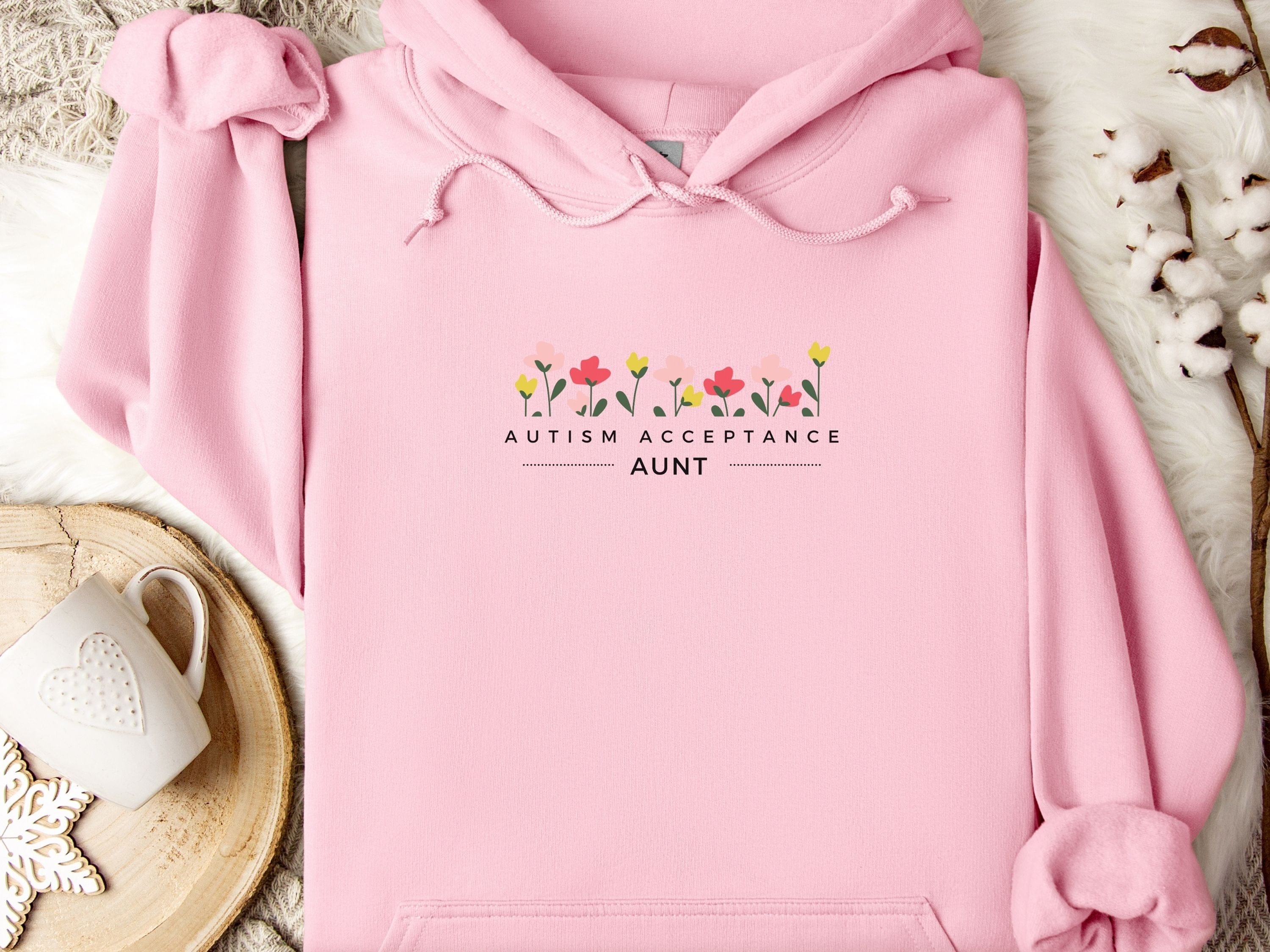 Aunt Autism Acceptance Flowers Hoodie-Light Pink-Neurodiversity, ADHD & Autism Awareness & Acceptance Hoodie by Daily Bloom