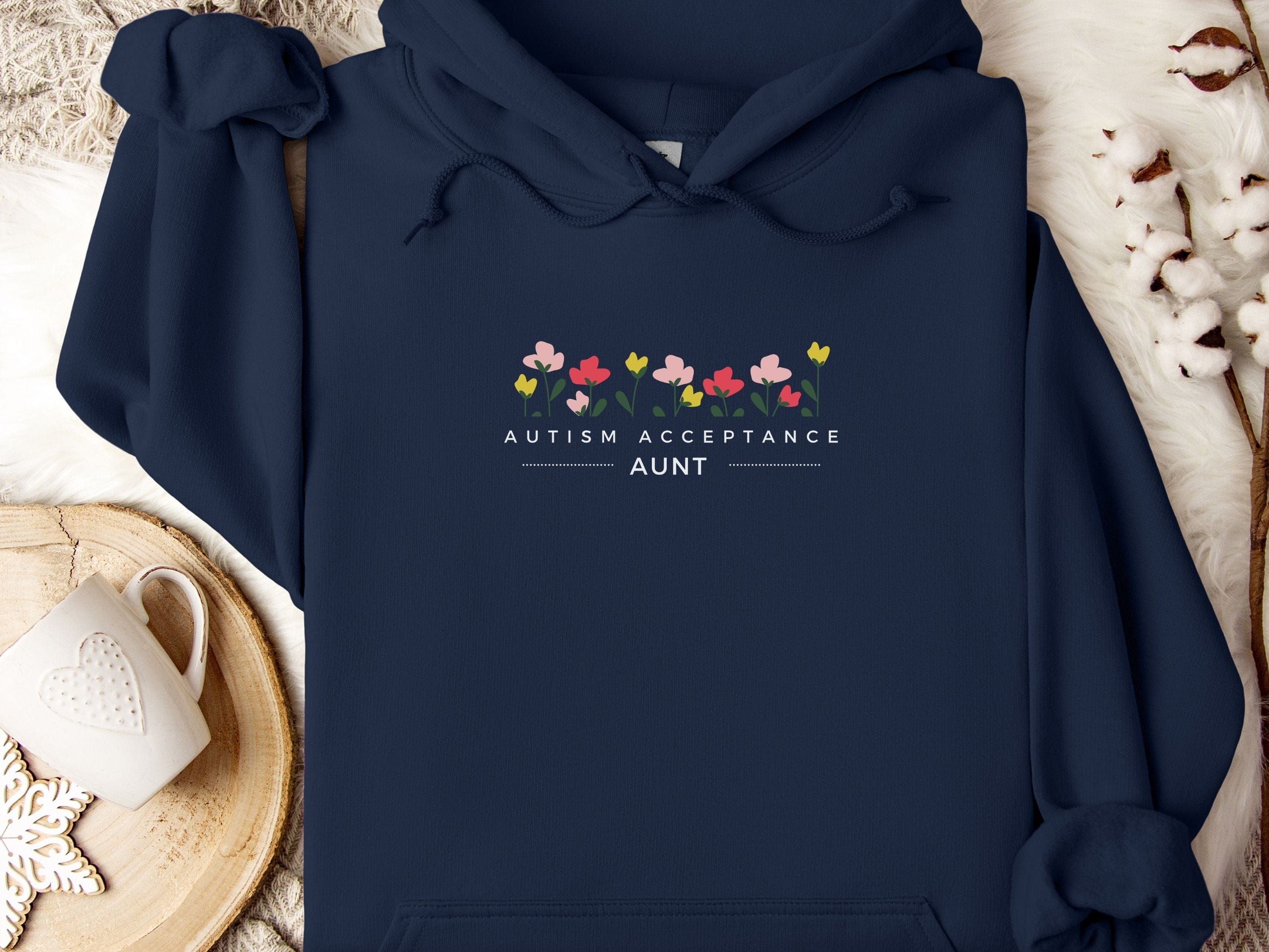 Aunt Autism Acceptance Flowers Hoodie-Navy-Neurodiversity, ADHD & Autism Awareness & Acceptance Hoodie by Daily Bloom