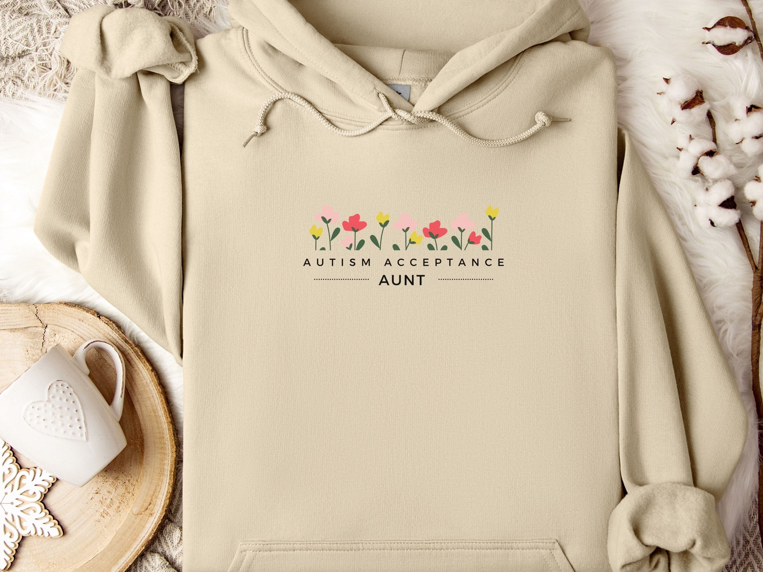 Aunt Autism Acceptance Flowers Hoodie-Sand-Neurodiversity, ADHD & Autism Awareness & Acceptance Hoodie by Daily Bloom