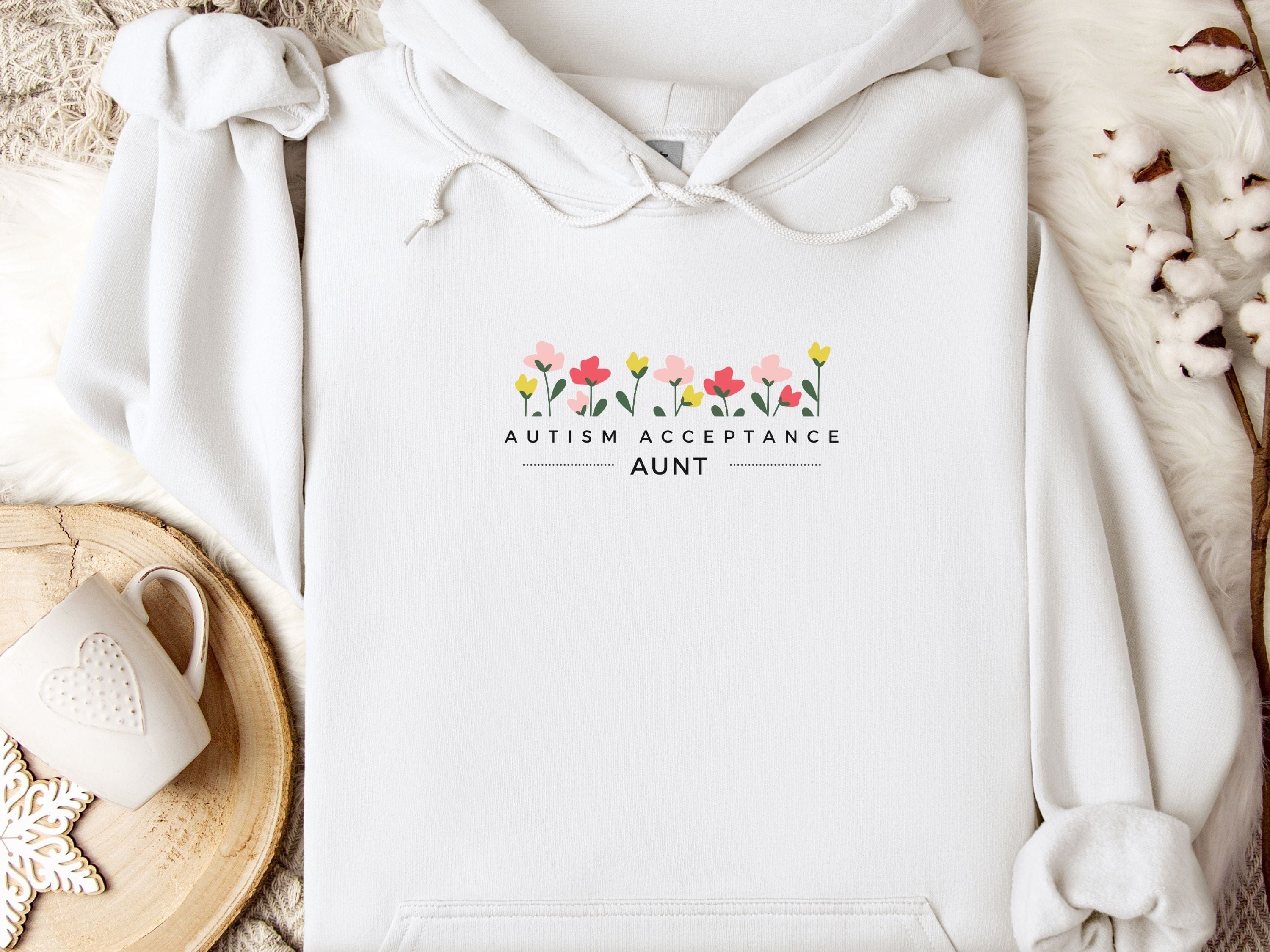 Aunt Autism Acceptance Flowers Hoodie-White-Neurodiversity, ADHD & Autism Awareness & Acceptance Hoodie by Daily Bloom