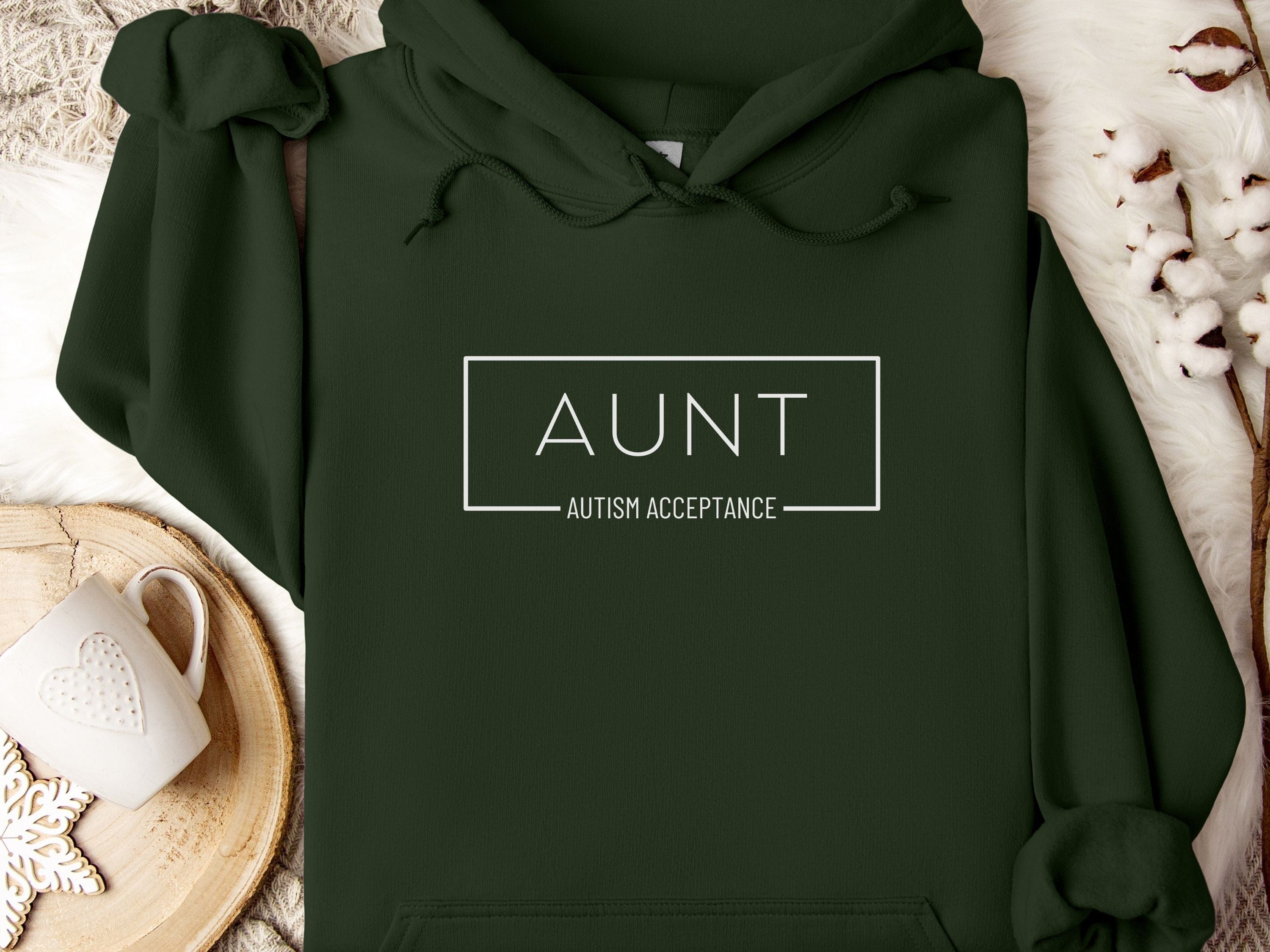 Aunt Autism Acceptance Frame Hoodie-Forest Green-Neurodiversity, ADHD & Autism Awareness & Acceptance Hoodie by Daily Bloom