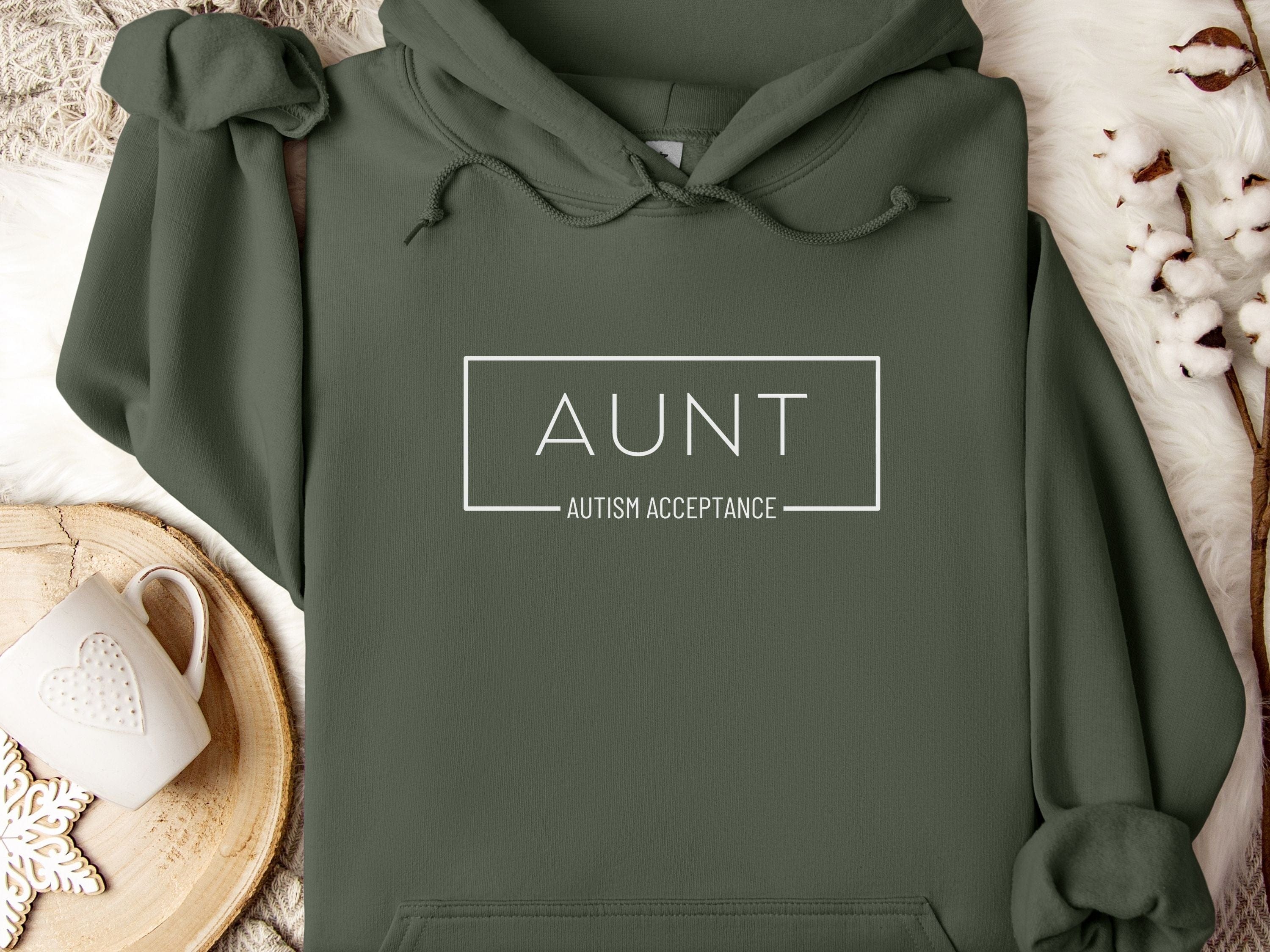 Aunt Autism Acceptance Frame Hoodie-Military Green-Neurodiversity, ADHD & Autism Awareness & Acceptance Hoodie by Daily Bloom