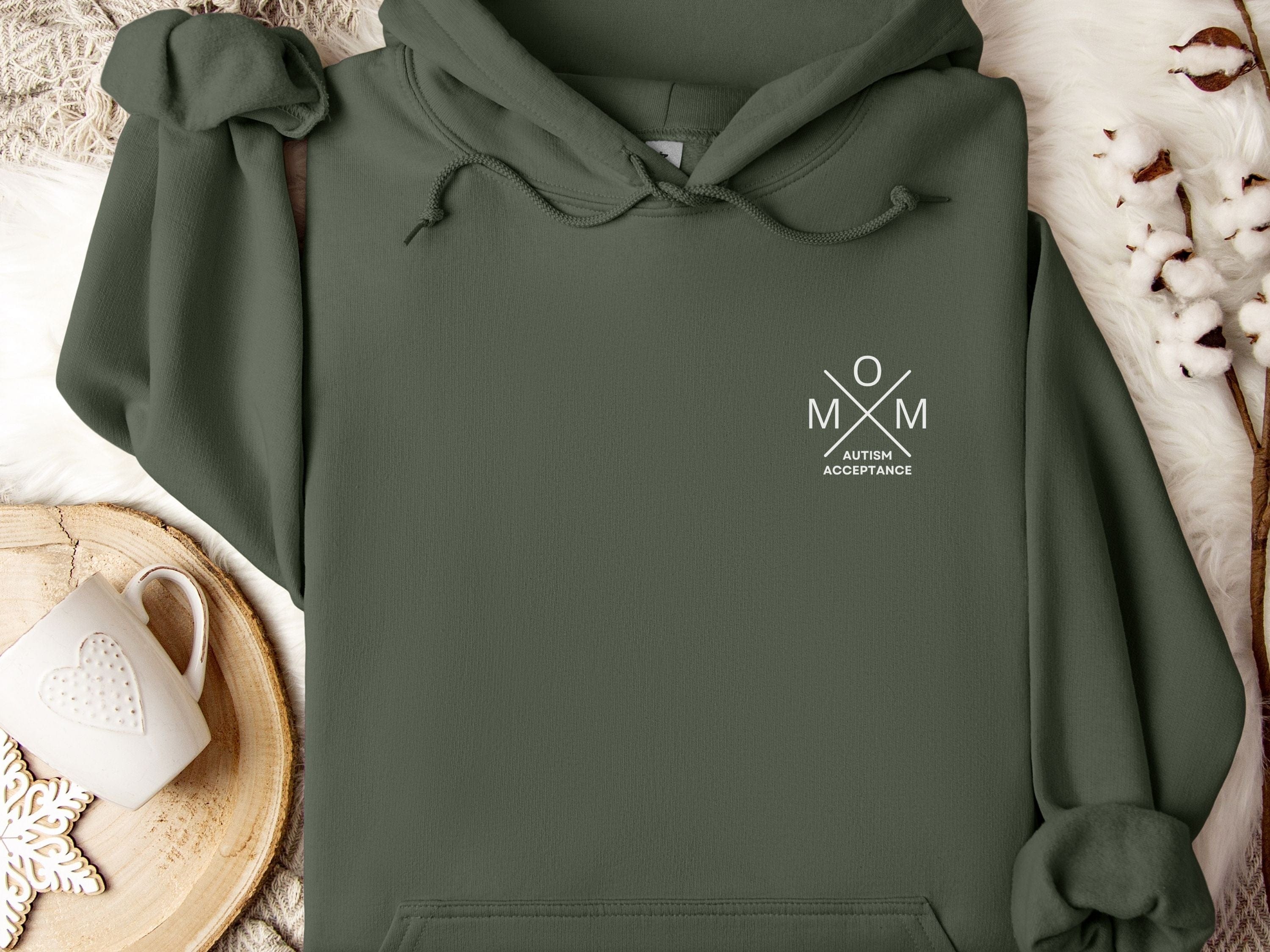 Autism Acceptance Mom Cross Hoodie-Military Green-Neurodiversity, ADHD & Autism Awareness & Acceptance Hoodie by Daily Bloom