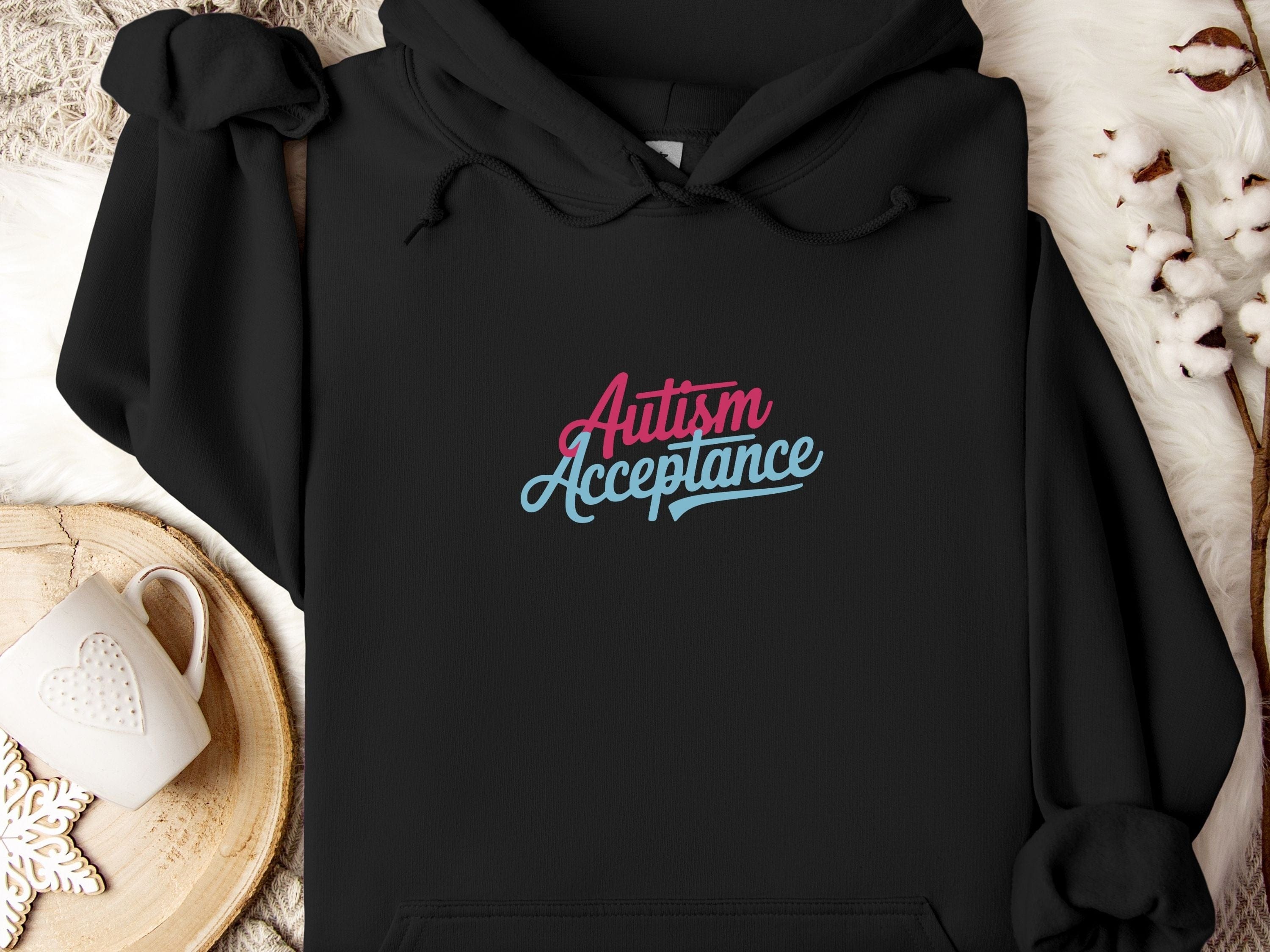 Autism Acceptance Pink & Blue Script Hoodie-Black-Neurodiversity, ADHD & Autism Awareness & Acceptance Hoodie by Daily Bloom
