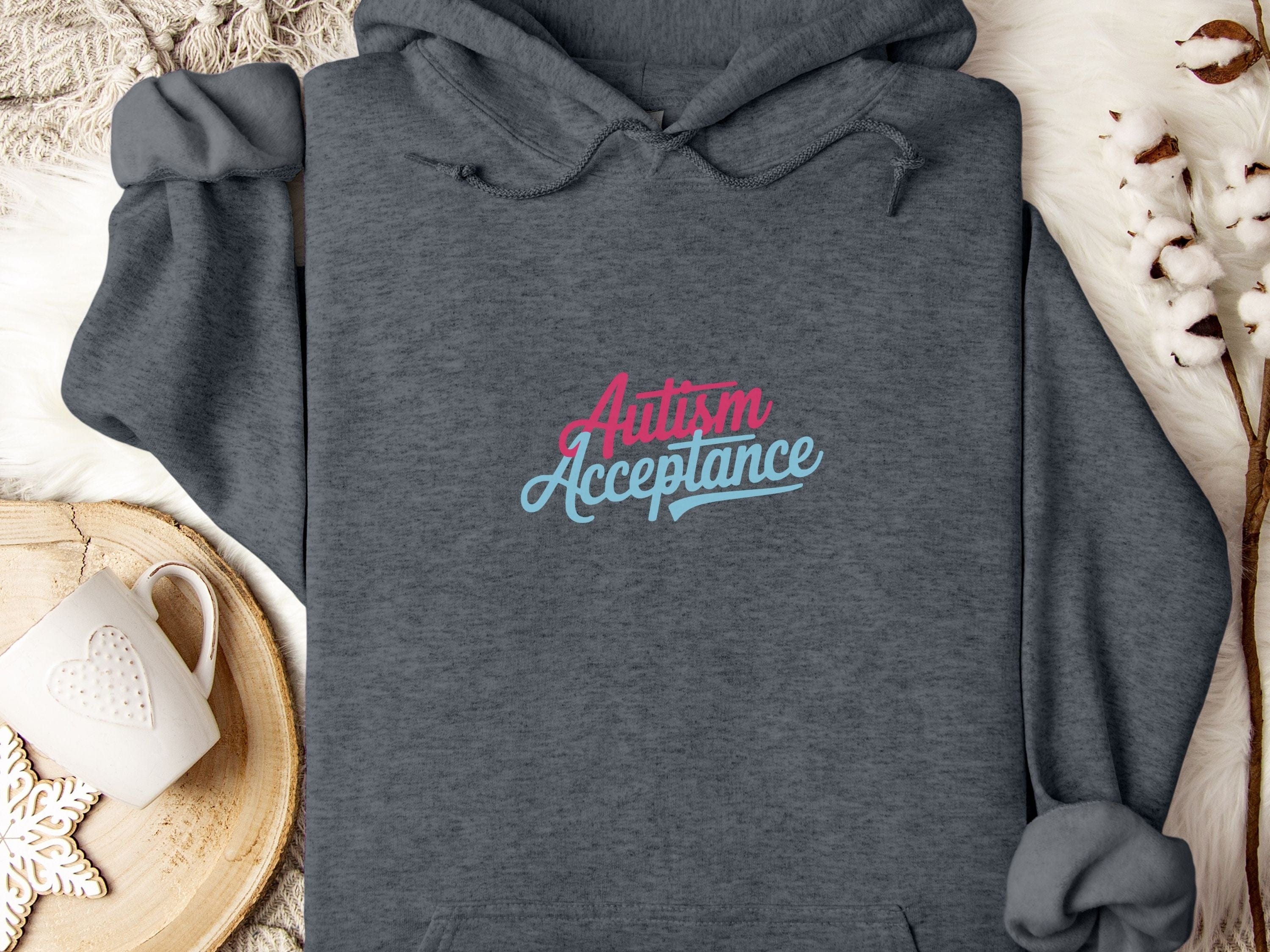 Autism Acceptance Pink & Blue Script Hoodie-Dark Heather-Neurodiversity, ADHD & Autism Awareness & Acceptance Hoodie by Daily Bloom