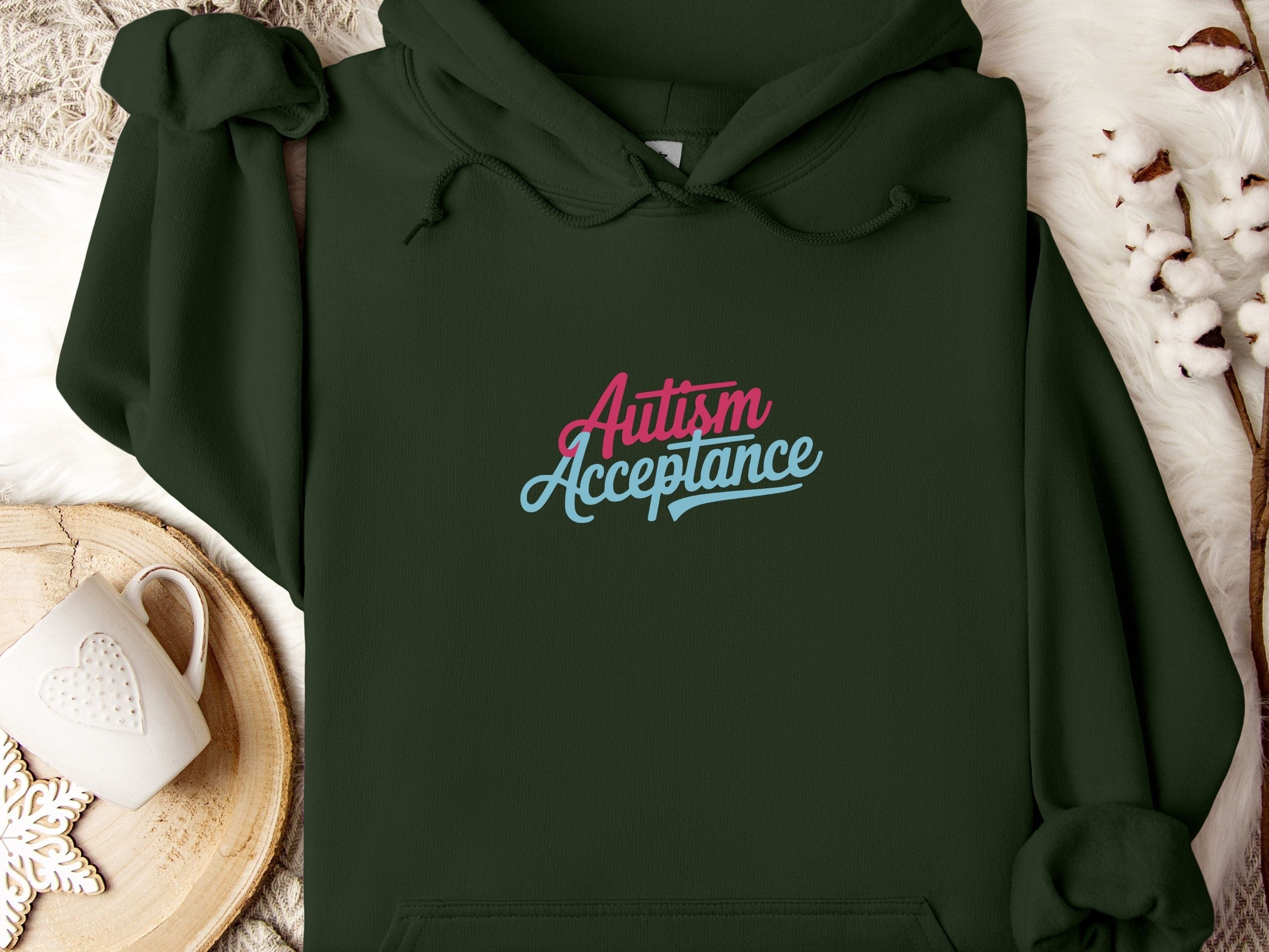 Autism Acceptance Pink & Blue Script Hoodie-Forest Green-Neurodiversity, ADHD & Autism Awareness & Acceptance Hoodie by Daily Bloom