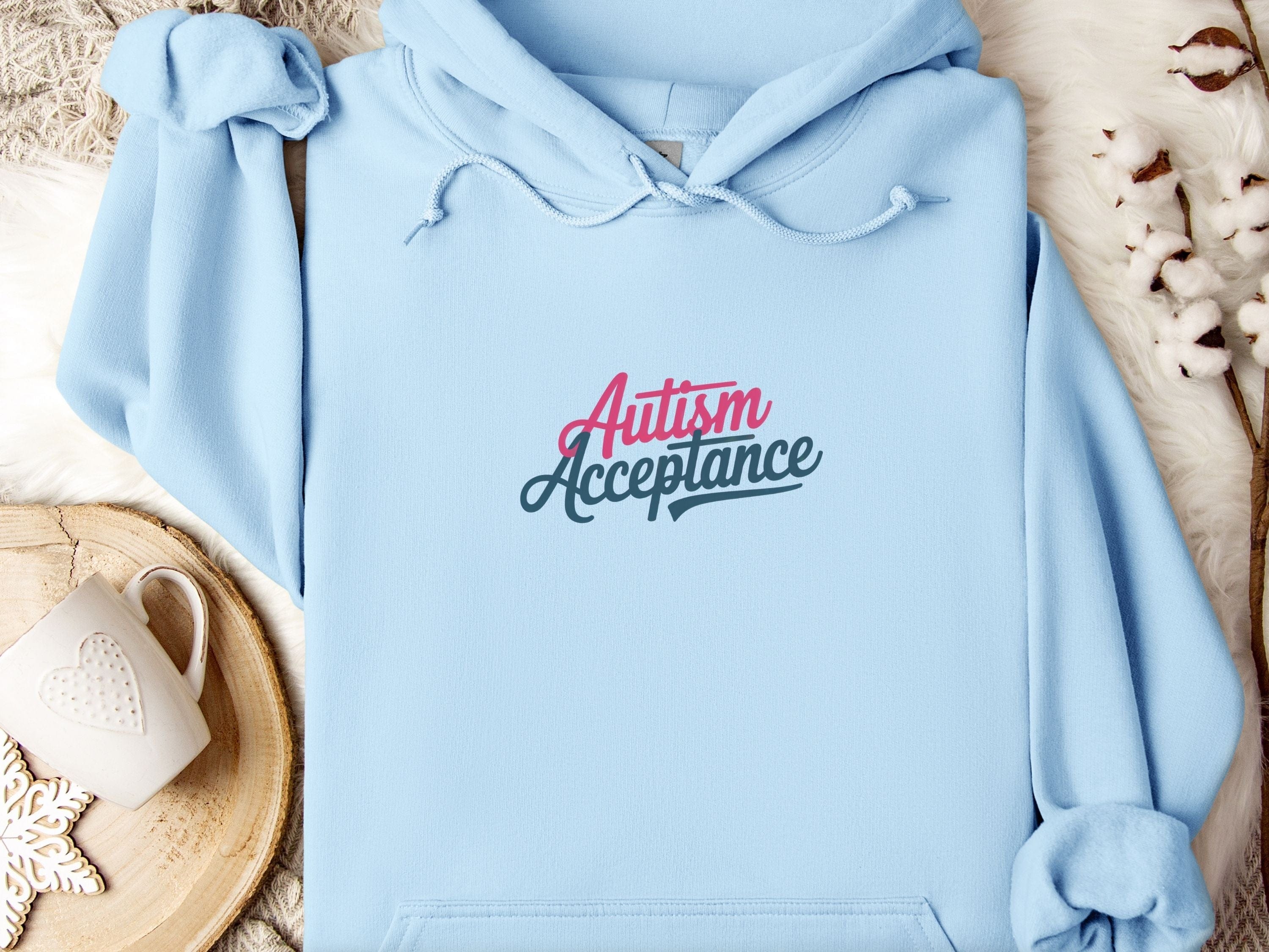 Autism Acceptance Pink & Blue Script Hoodie-Light Blue-Neurodiversity, ADHD & Autism Awareness & Acceptance Hoodie by Daily Bloom