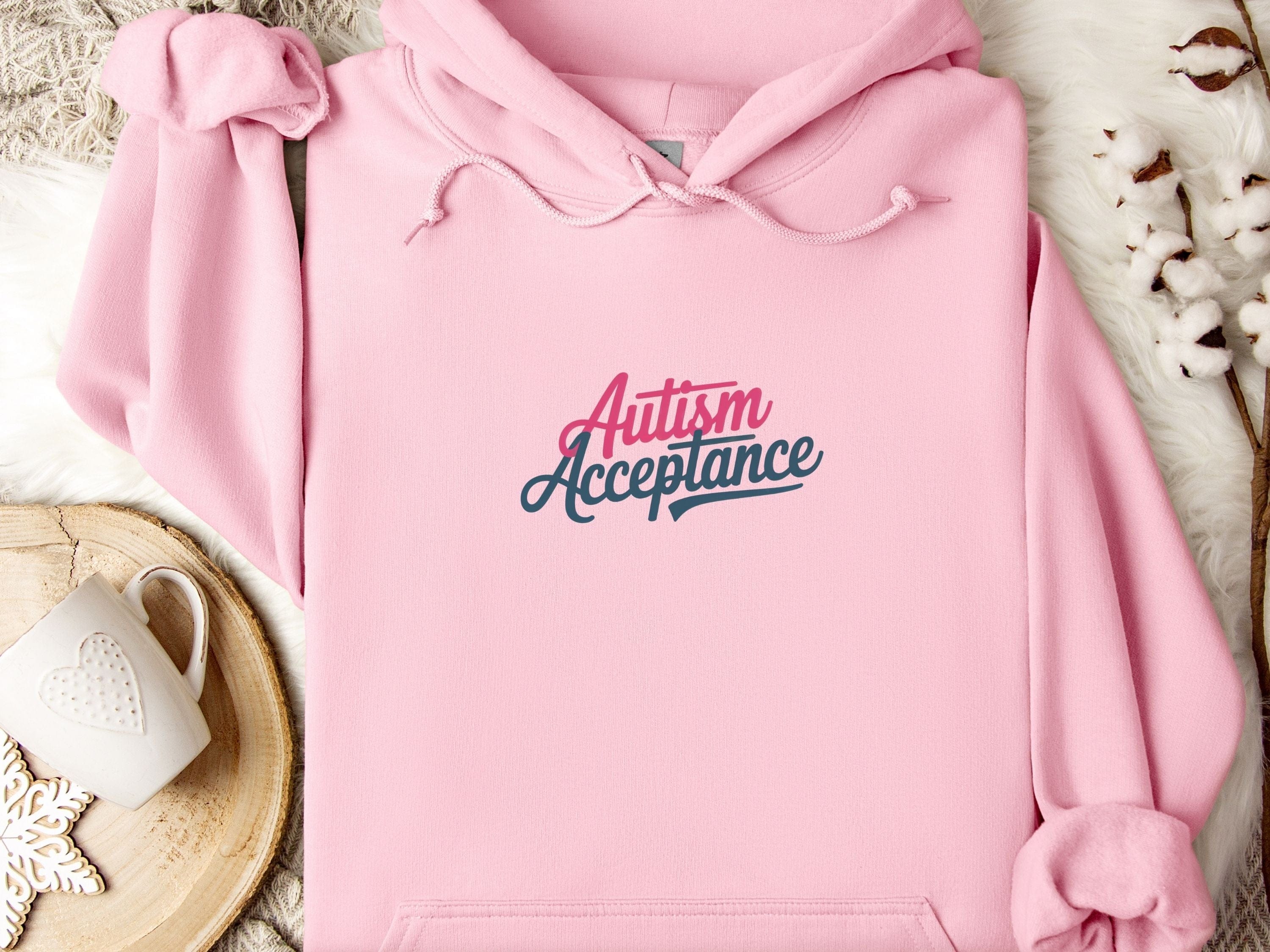 Autism Acceptance Pink & Blue Script Hoodie-Light Pink-Neurodiversity, ADHD & Autism Awareness & Acceptance Hoodie by Daily Bloom