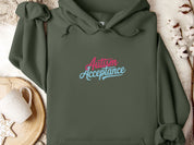 Autism Acceptance Pink & Blue Script Hoodie-Military Green-Neurodiversity, ADHD & Autism Awareness & Acceptance Hoodie by Daily Bloom