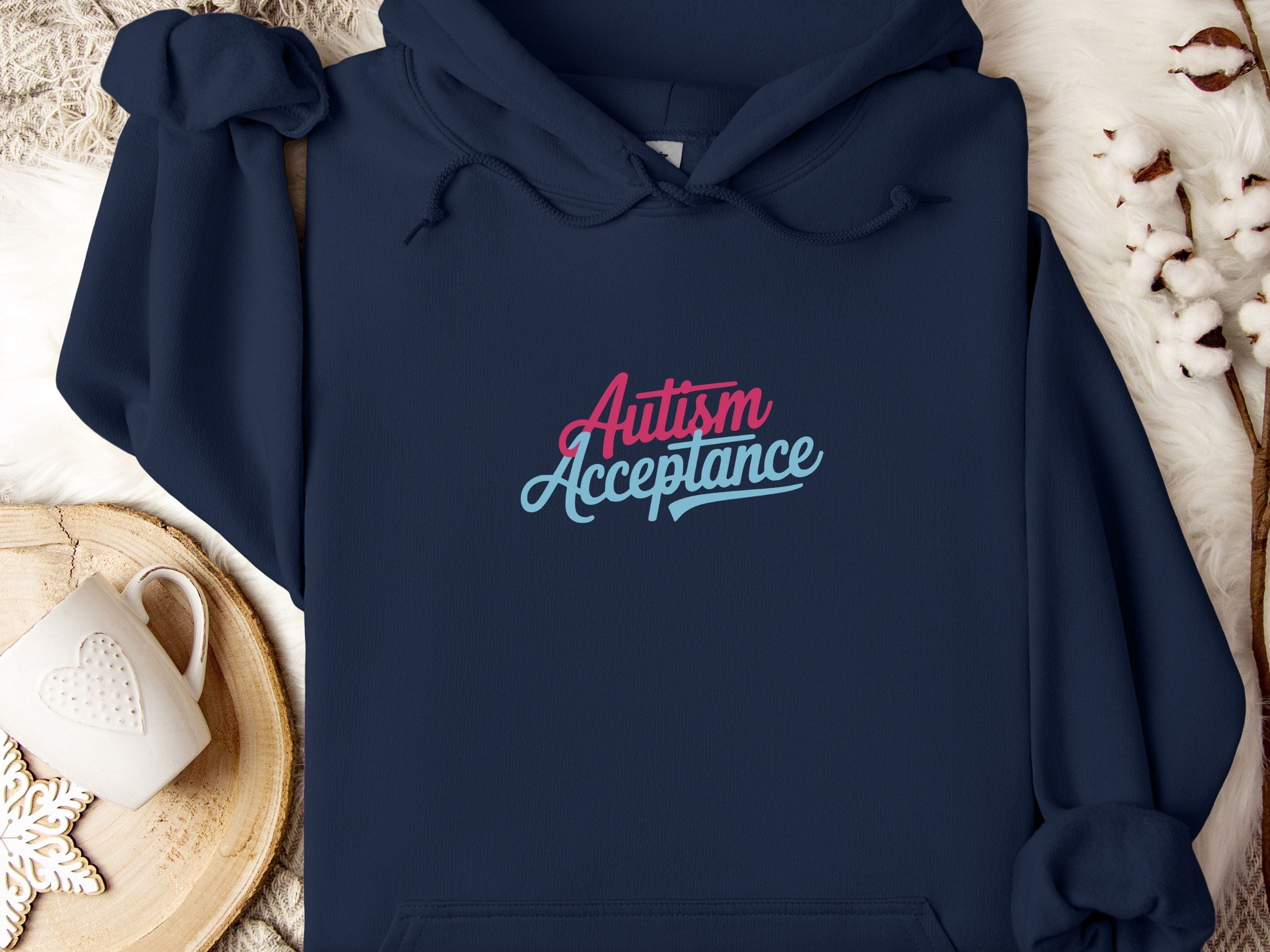 Autism Acceptance Pink & Blue Script Hoodie-Navy-Neurodiversity, ADHD & Autism Awareness & Acceptance Hoodie by Daily Bloom