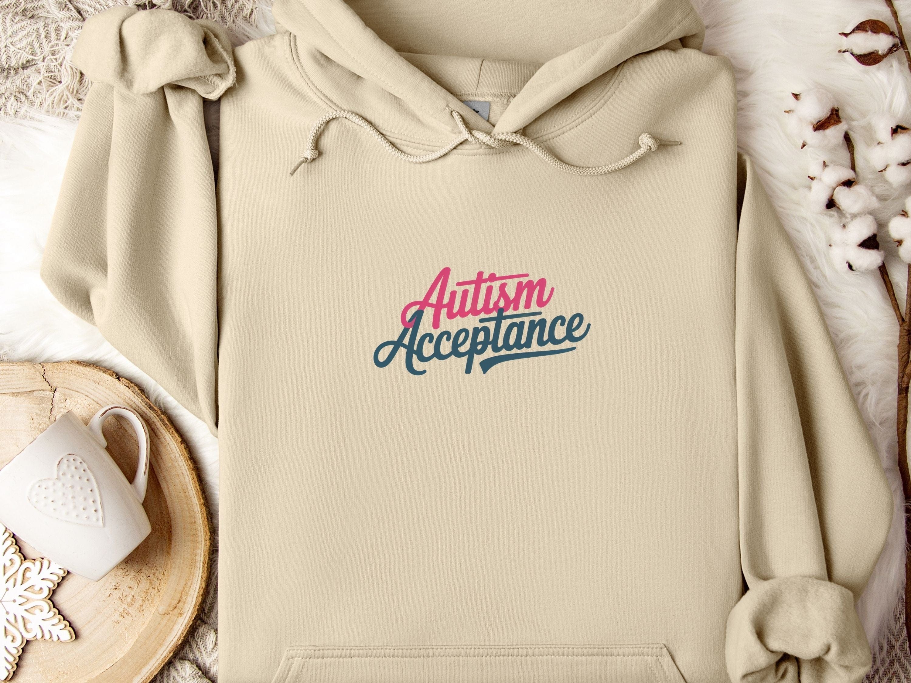Autism Acceptance Pink & Blue Script Hoodie-Sand-Neurodiversity, ADHD & Autism Awareness & Acceptance Hoodie by Daily Bloom