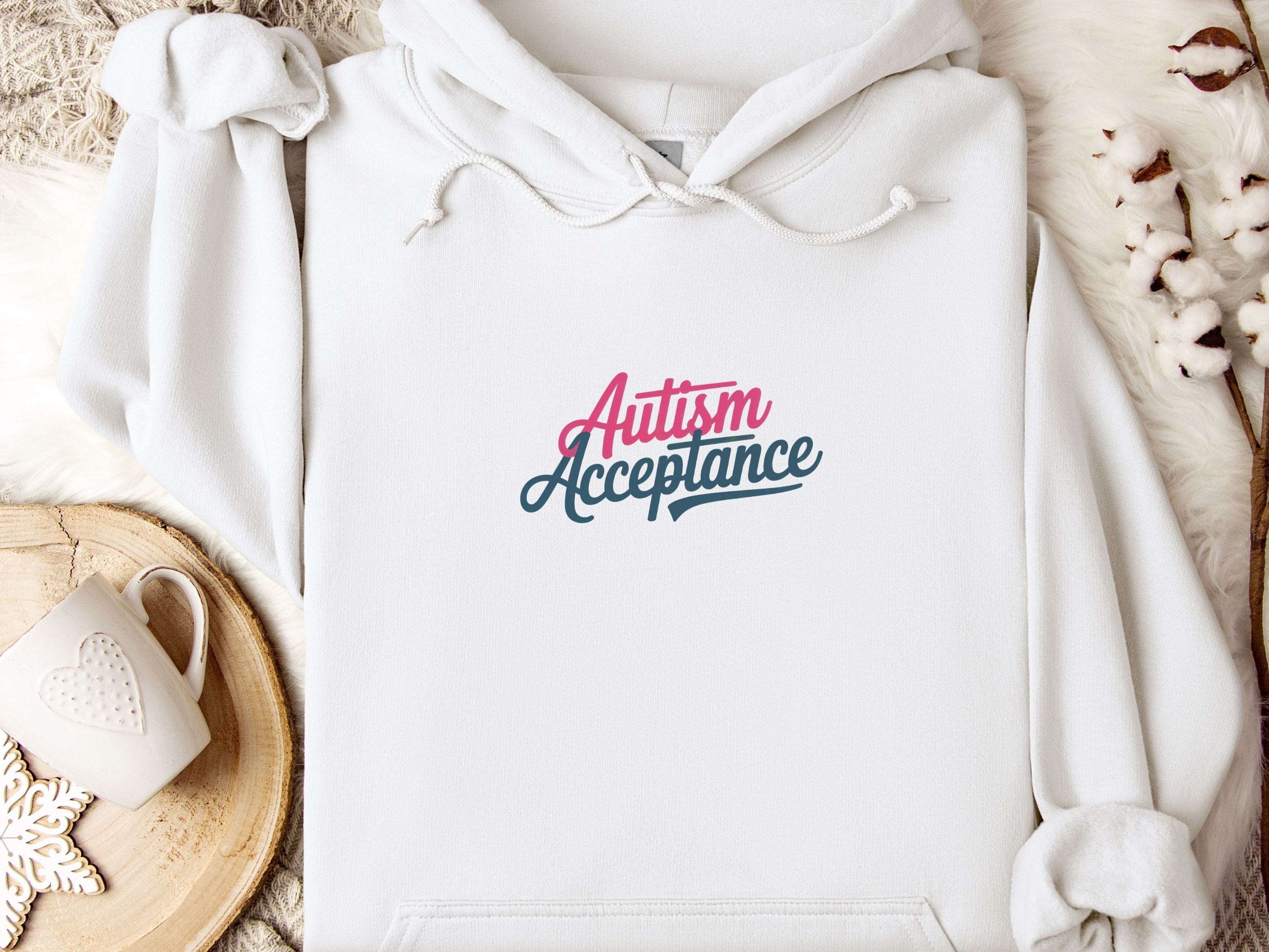 Autism Acceptance Pink & Blue Script Hoodie-White-Neurodiversity, ADHD & Autism Awareness & Acceptance Hoodie by Daily Bloom