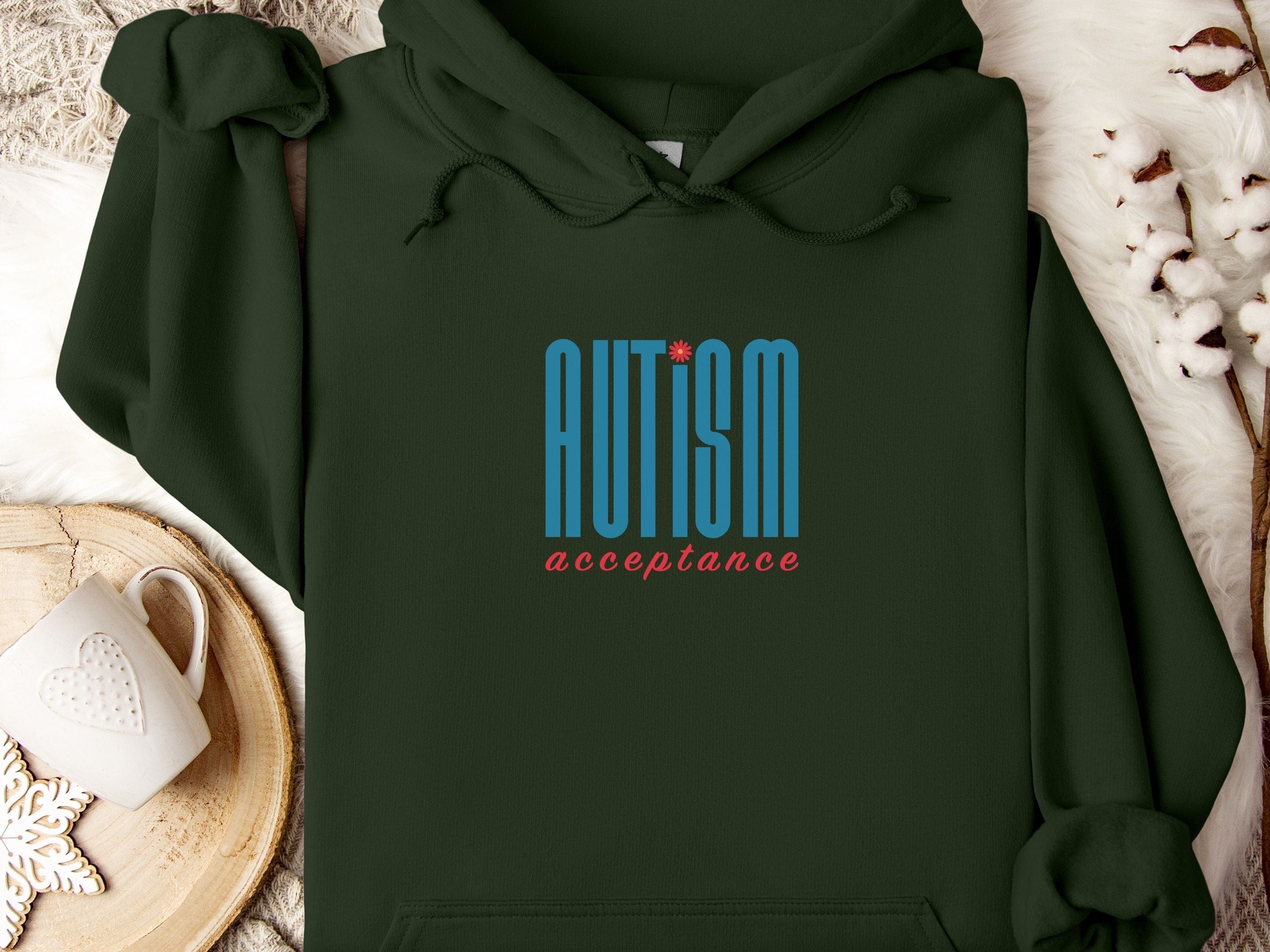 Autism Acceptance Retro Blue Hoodie-Forest Green-Neurodiversity, ADHD & Autism Awareness & Acceptance Hoodie by Daily Bloom