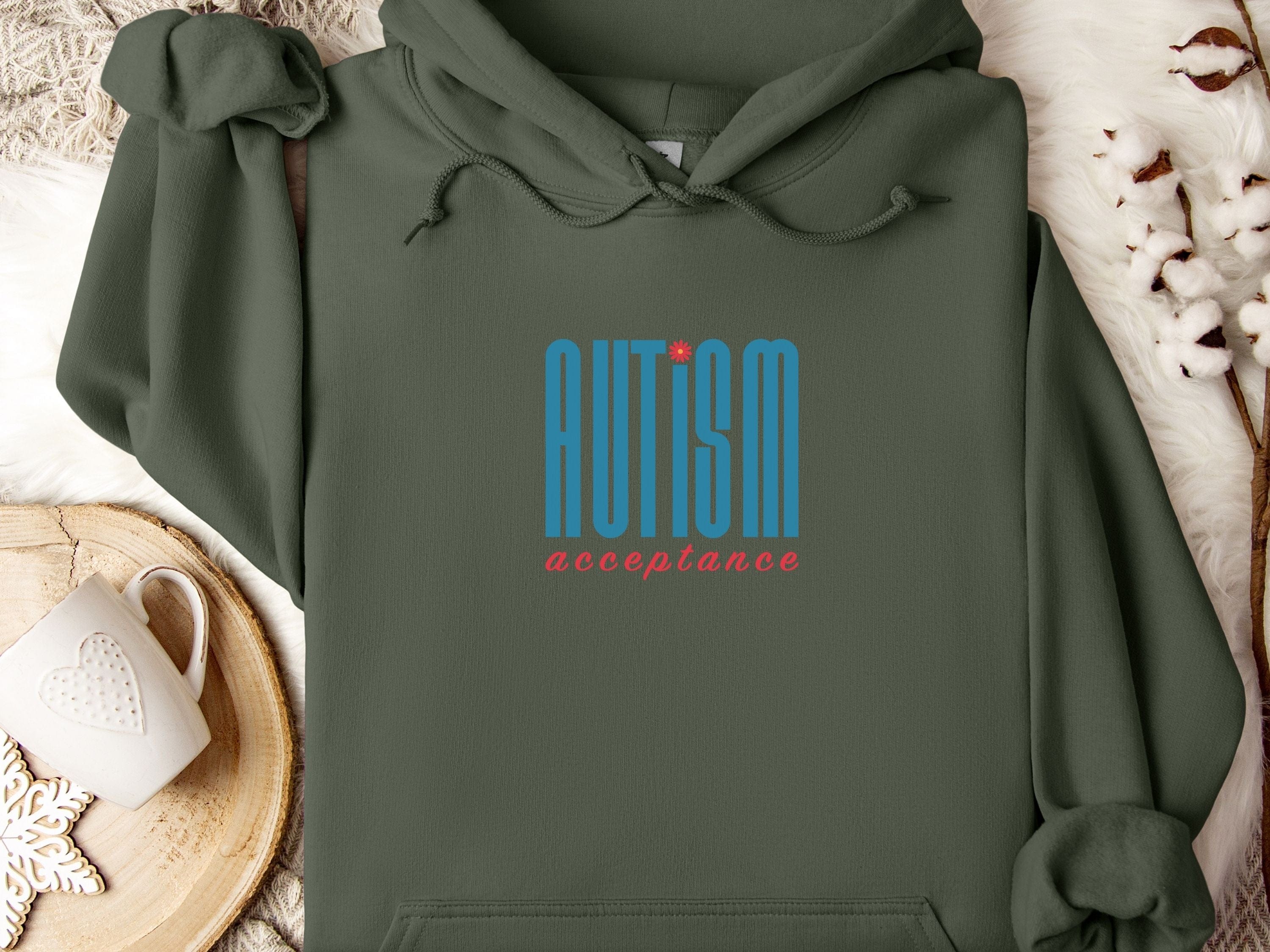 Autism Acceptance Retro Blue Hoodie-Military Green-Neurodiversity, ADHD & Autism Awareness & Acceptance Hoodie by Daily Bloom