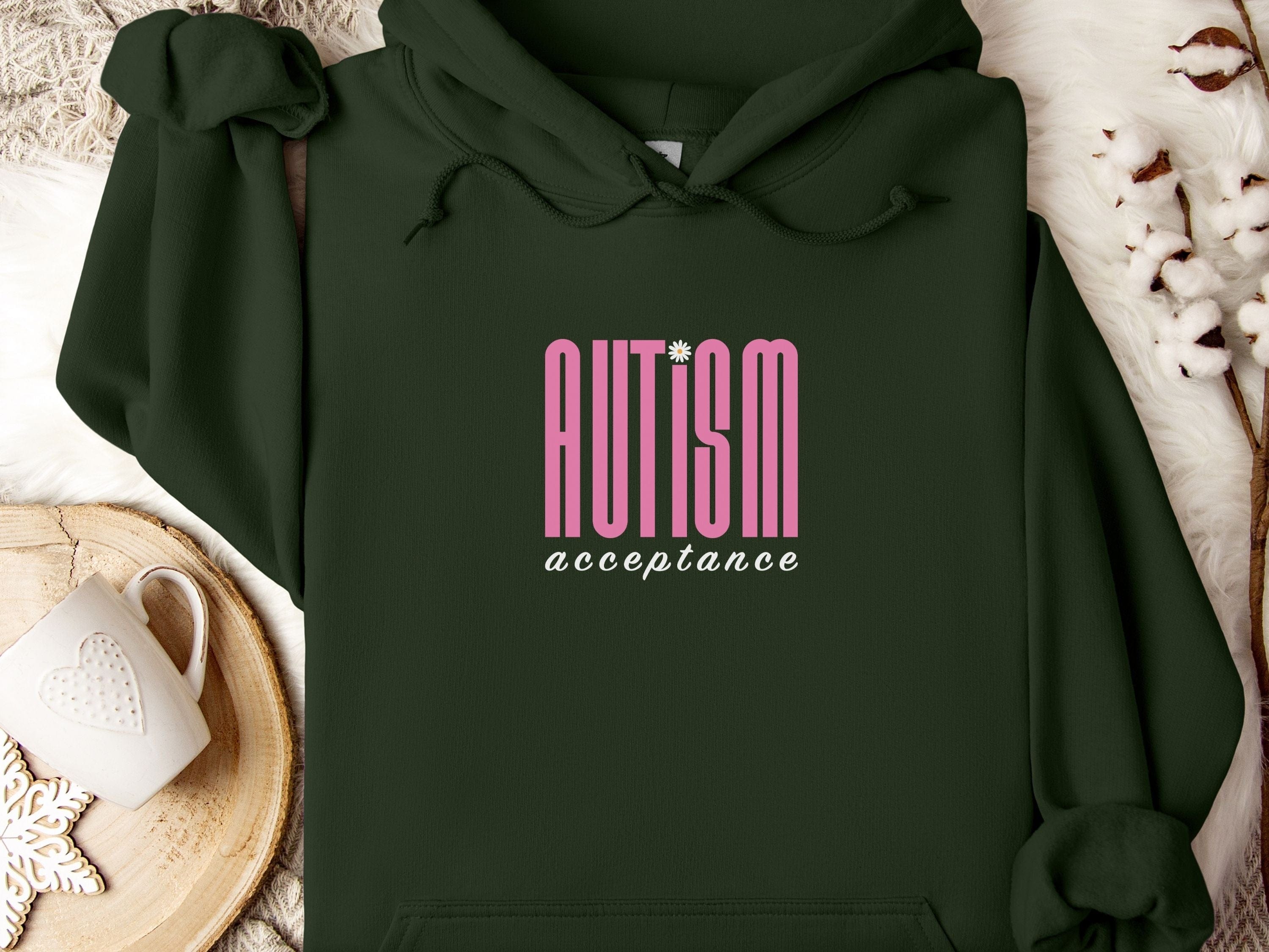 Autism Acceptance Retro Pink Hoodie-Forest Green-Neurodiversity, ADHD & Autism Awareness & Acceptance Hoodie by Daily Bloom