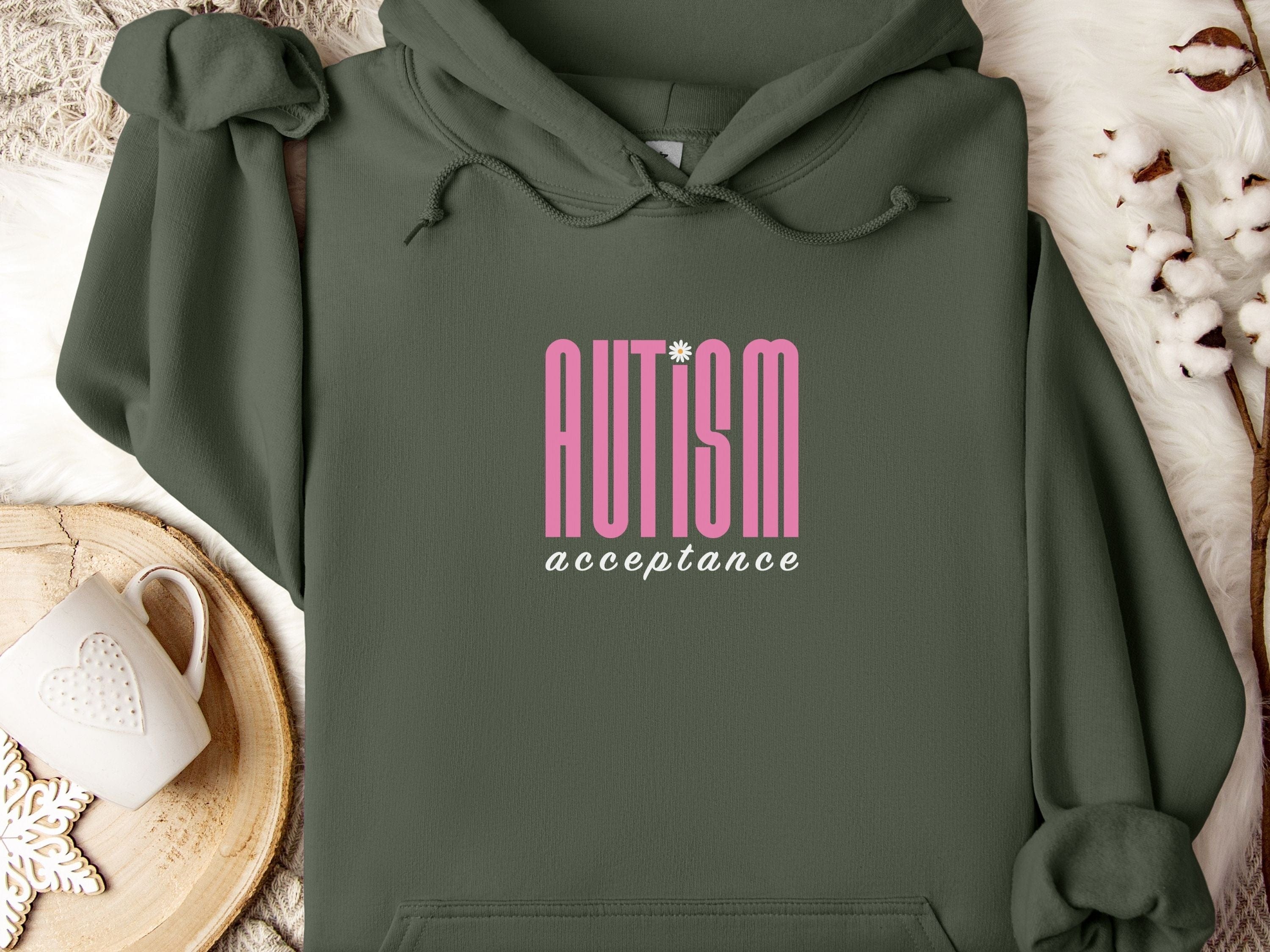 Autism Acceptance Retro Pink Hoodie-Military Green-Neurodiversity, ADHD & Autism Awareness & Acceptance Hoodie by Daily Bloom
