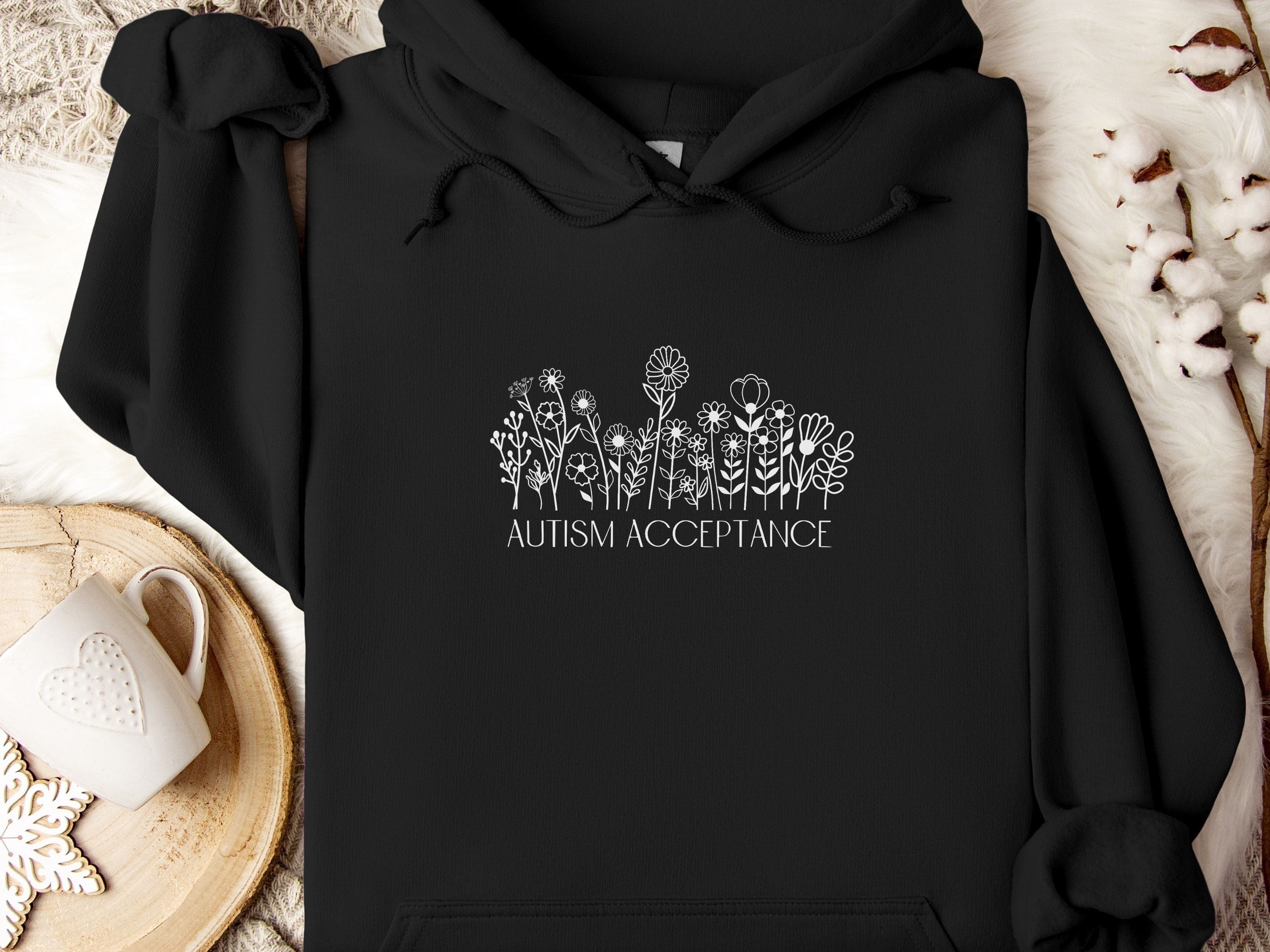 Autism Acceptance Wildflowers Outline Hoodie-Black-Neurodiversity, ADHD & Autism Awareness & Acceptance Hoodie by Daily Bloom