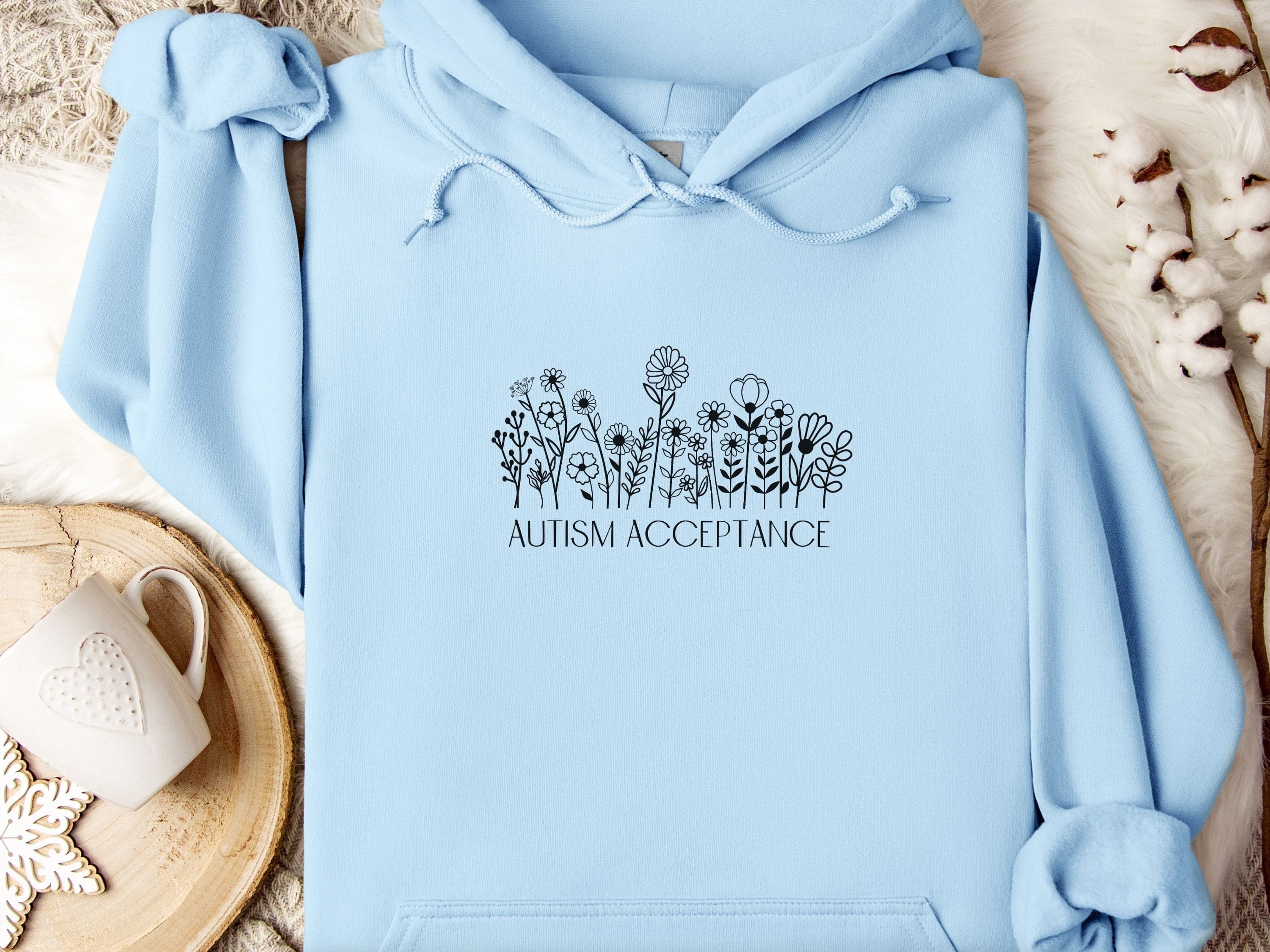 Autism Acceptance Wildflowers Outline Hoodie-Light Blue-Neurodiversity, ADHD & Autism Awareness & Acceptance Hoodie by Daily Bloom