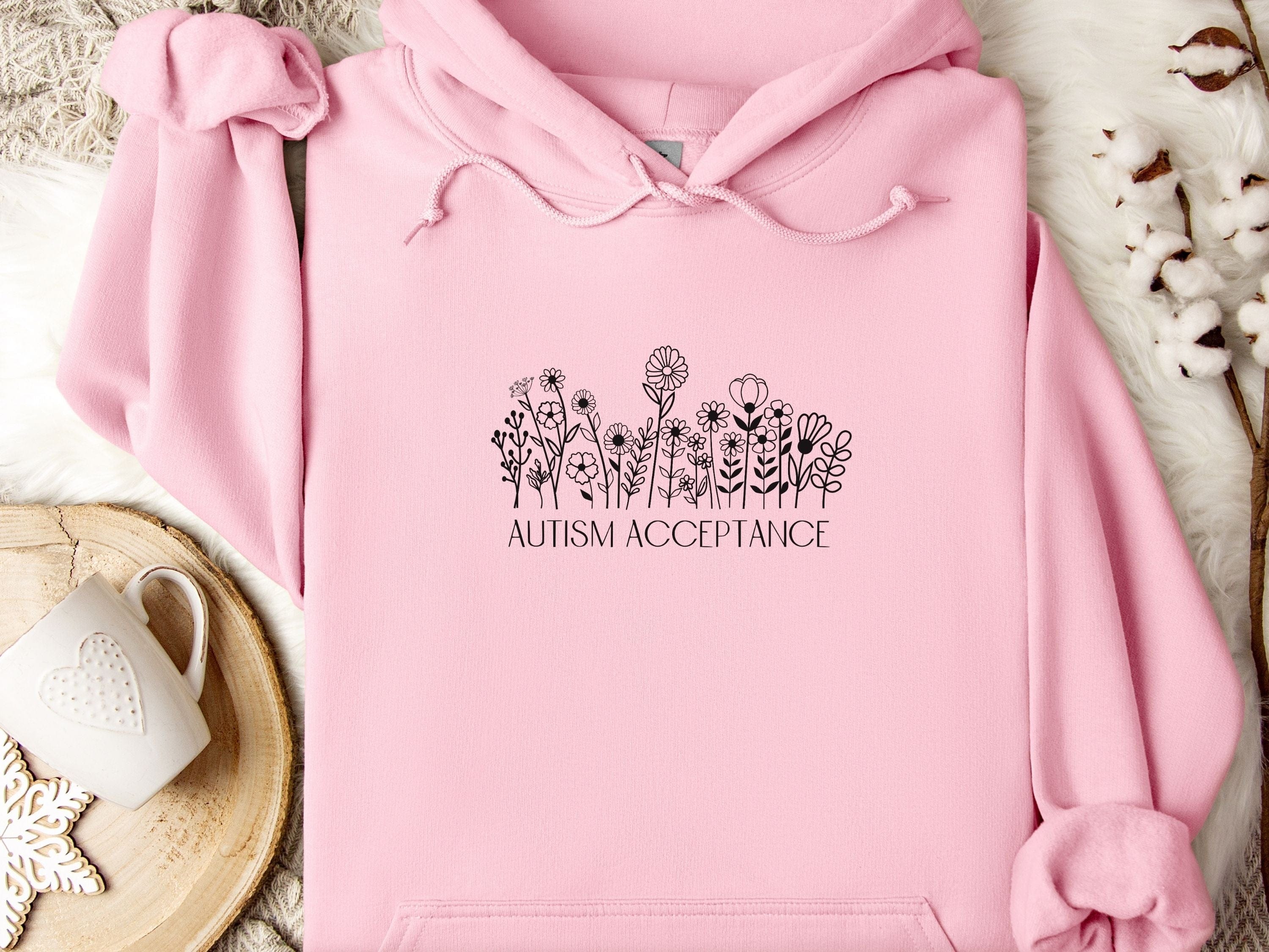 Autism Acceptance Wildflowers Outline Hoodie-Light Pink-Neurodiversity, ADHD & Autism Awareness & Acceptance Hoodie by Daily Bloom
