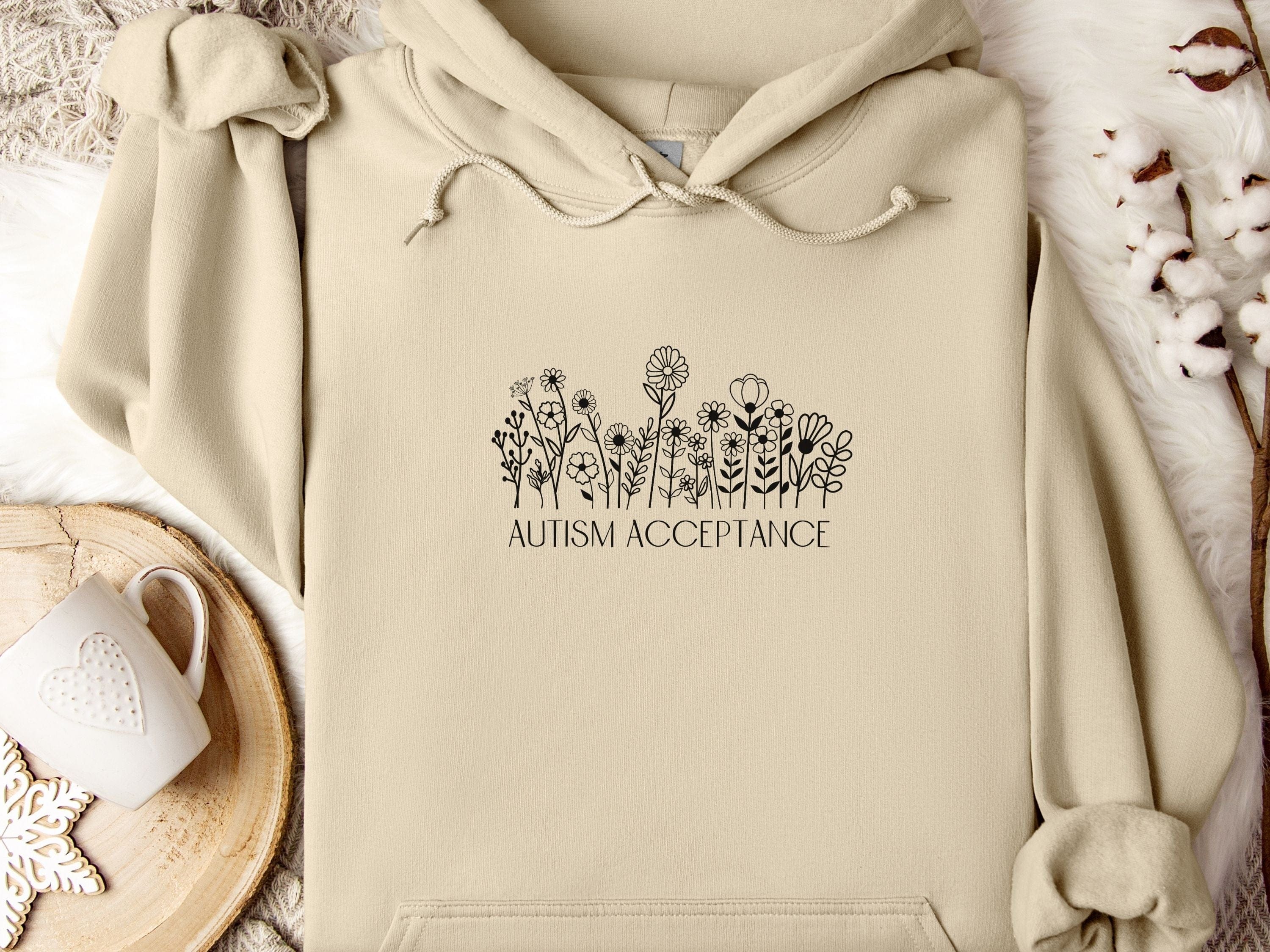 Autism Acceptance Wildflowers Outline Hoodie-Sand-Neurodiversity, ADHD & Autism Awareness & Acceptance Hoodie by Daily Bloom