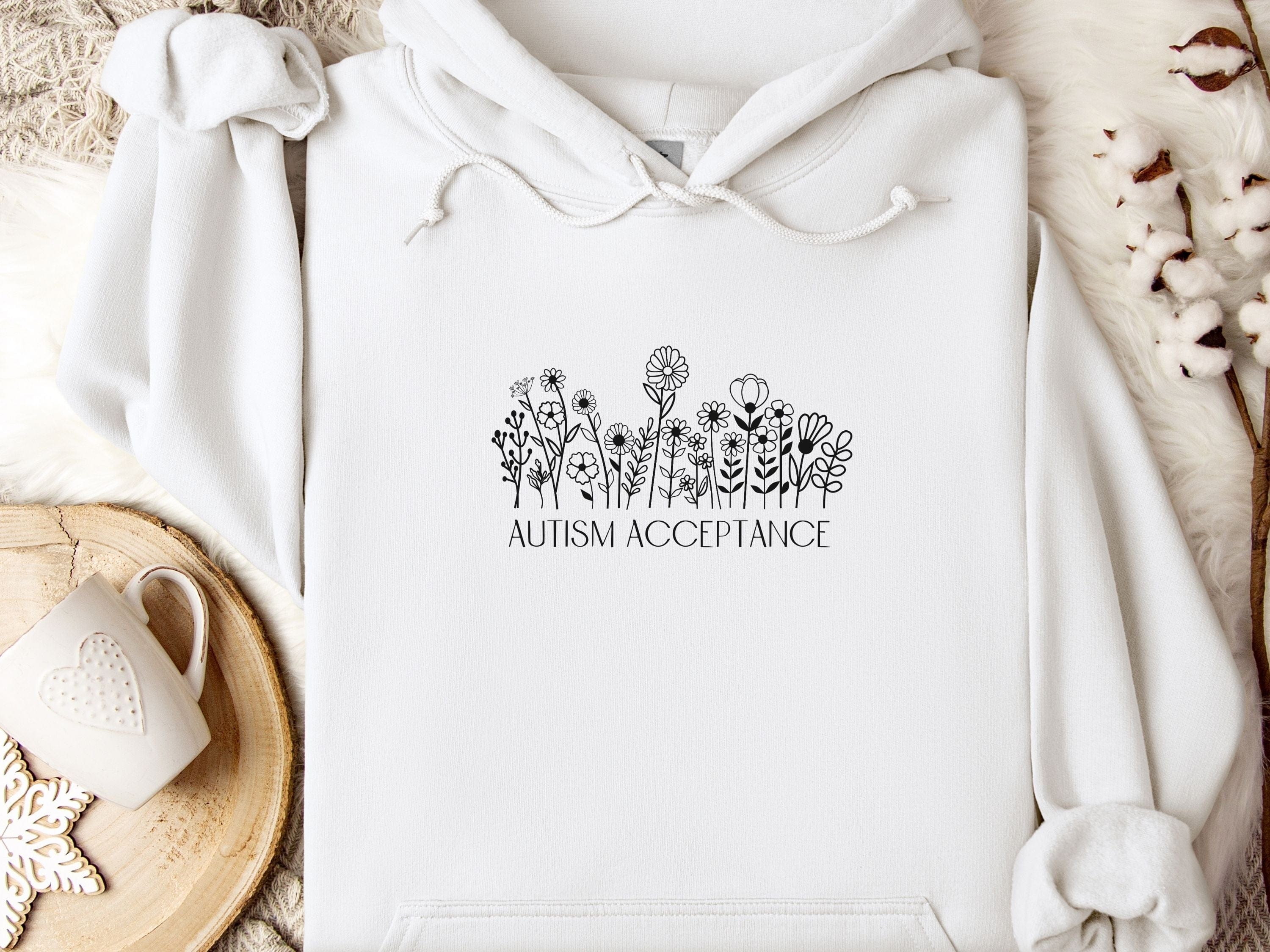 Autism Acceptance Wildflowers Outline Hoodie-White-Neurodiversity, ADHD & Autism Awareness & Acceptance Hoodie by Daily Bloom