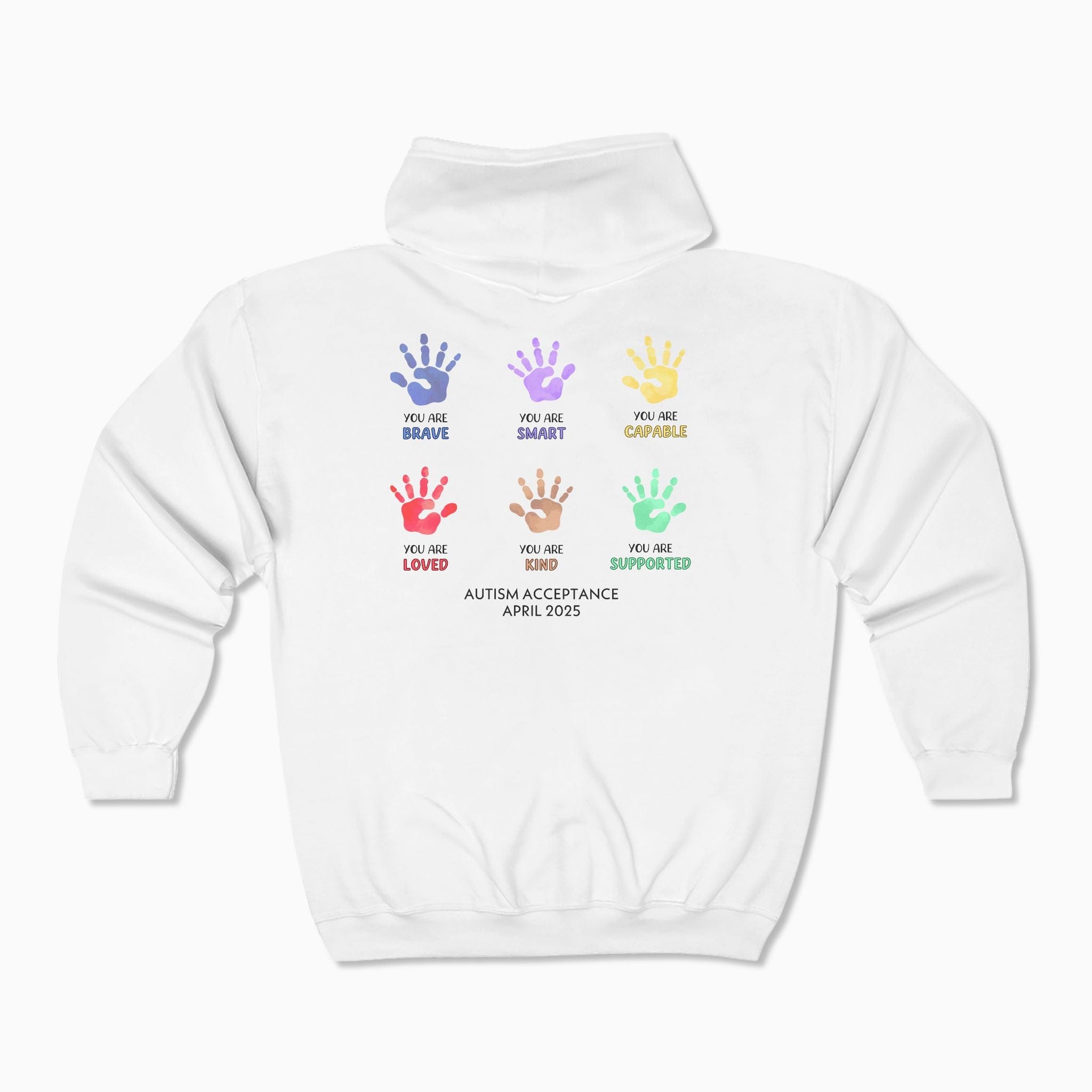 Autism Hoodie By Daily Bloom Autism Awareness 2025 - Affirmations Handprints Zip Up Hoodie