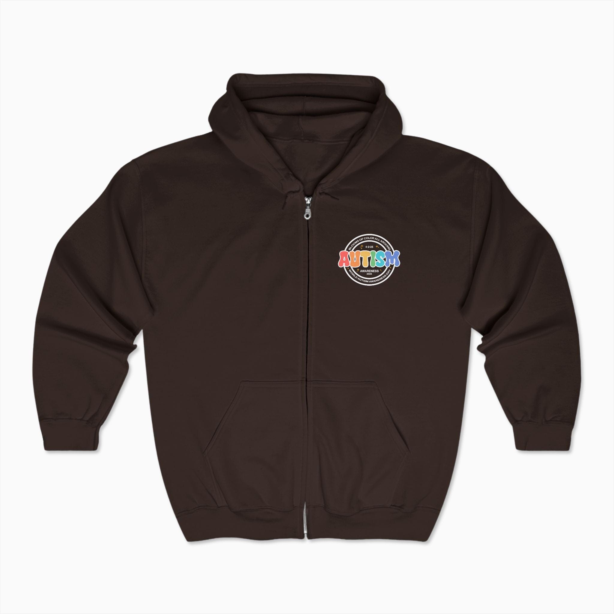 Autism Hoodie By Daily Bloom Autism Awareness 2025 - Blooms of Color All Around Zip Up Hoodie Dark Chocolate / S