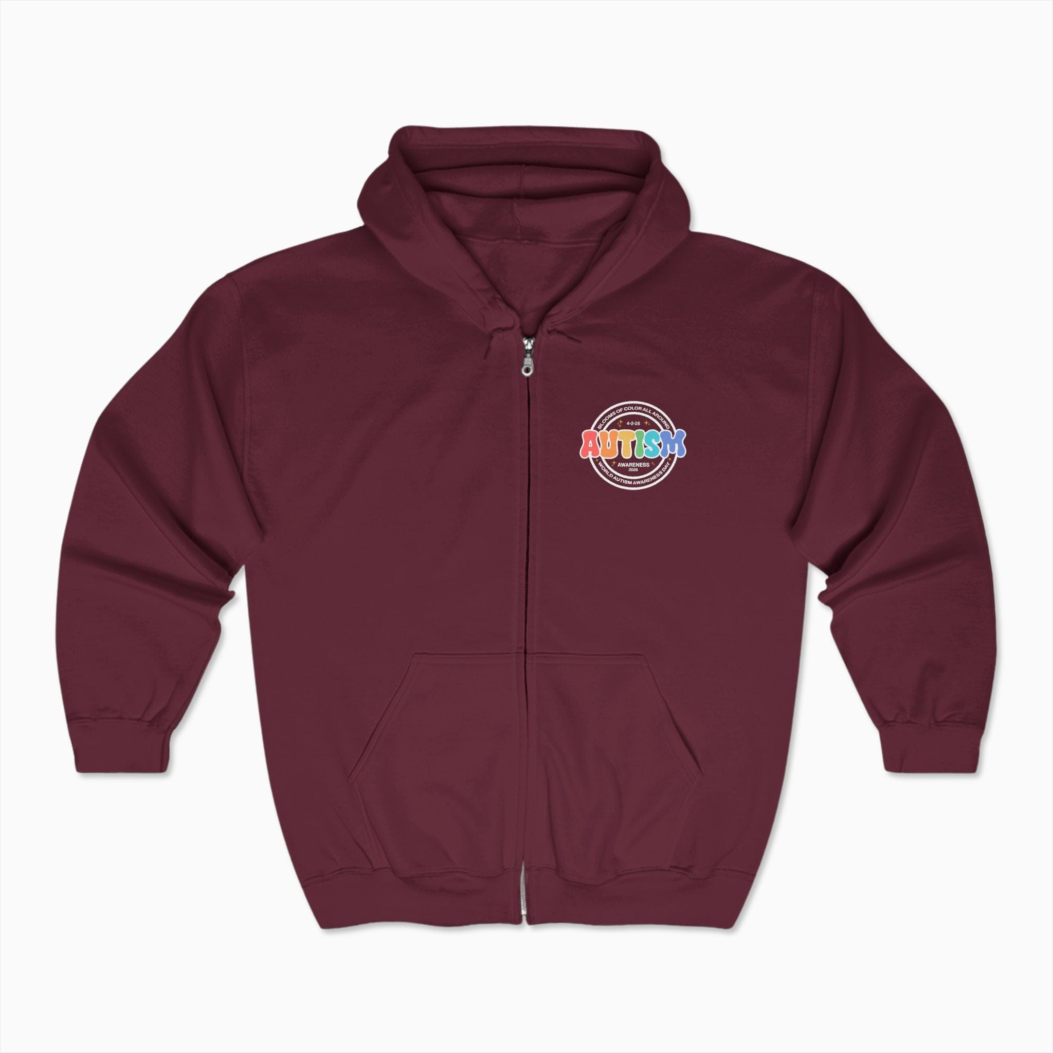 Autism Hoodie By Daily Bloom Autism Awareness 2025 - Blooms of Color All Around Zip Up Hoodie Maroon / S
