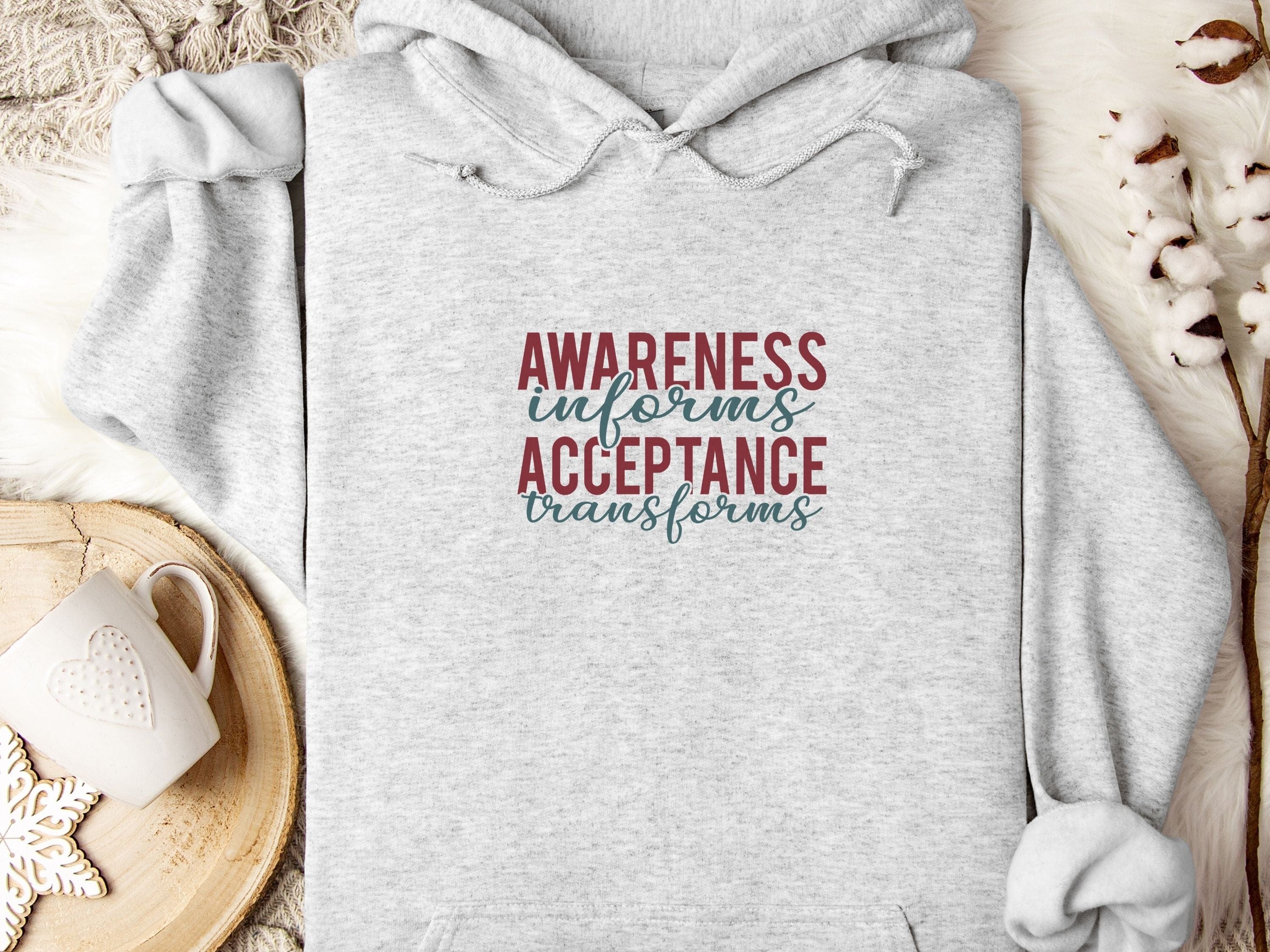 Awareness Informs Acceptance Transforms Hoodie-Ash-Neurodiversity, ADHD & Autism Awareness & Acceptance Hoodie by Daily Bloom