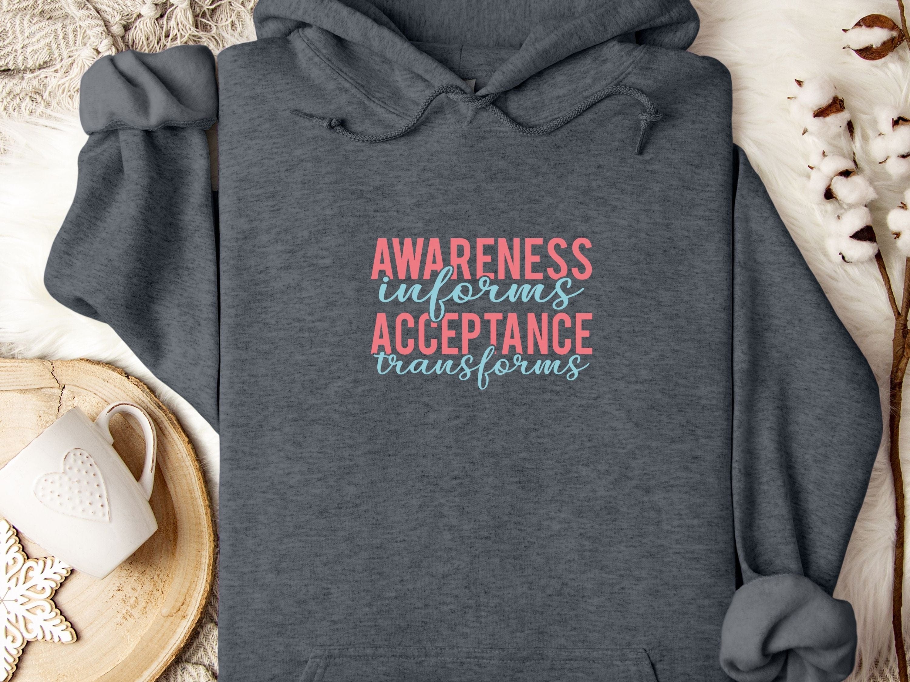 Awareness Informs Acceptance Transforms Hoodie-Dark Heather-Neurodiversity, ADHD & Autism Awareness & Acceptance Hoodie by Daily Bloom