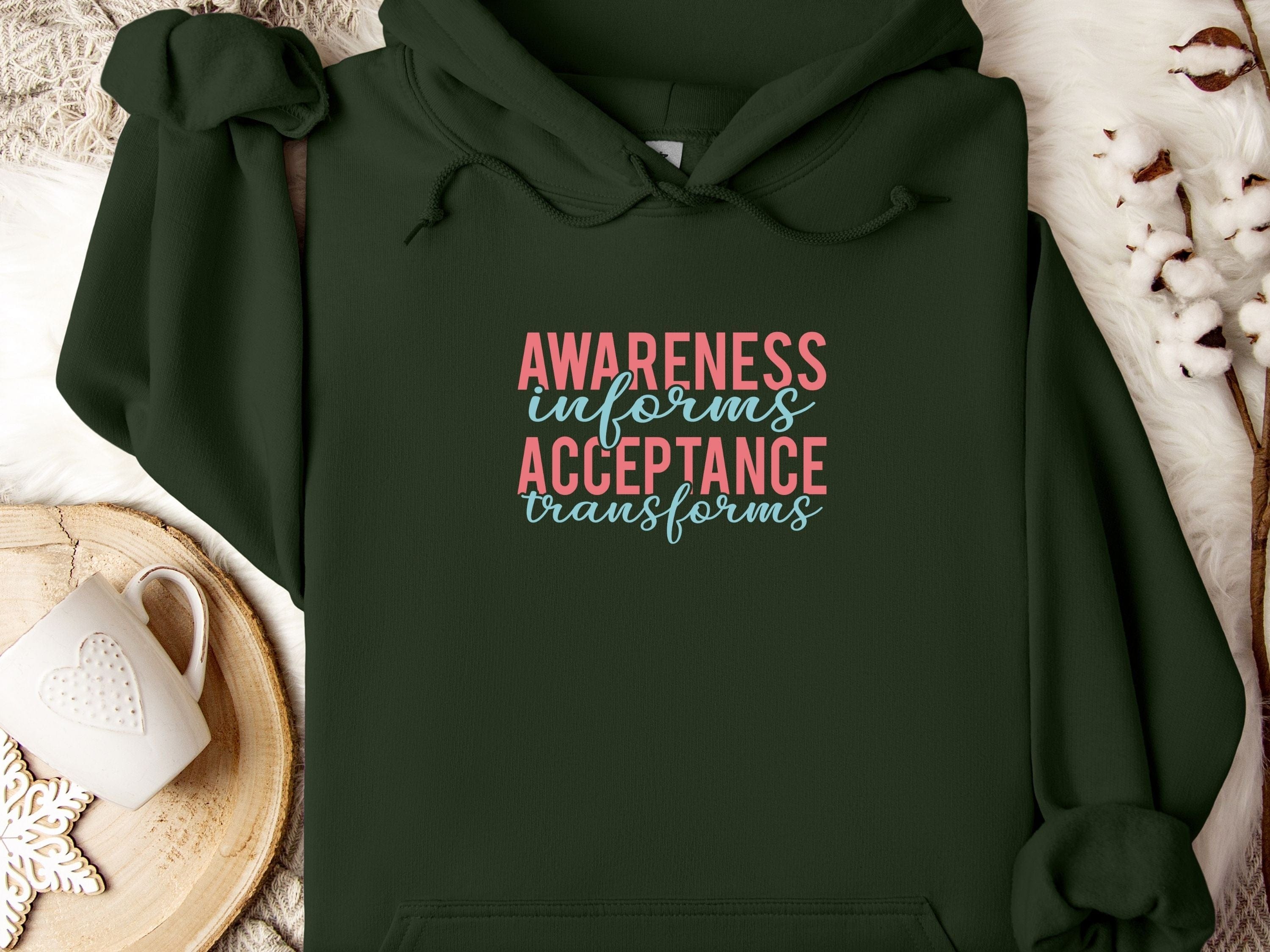 Awareness Informs Acceptance Transforms Hoodie-Forest Green-Neurodiversity, ADHD & Autism Awareness & Acceptance Hoodie by Daily Bloom