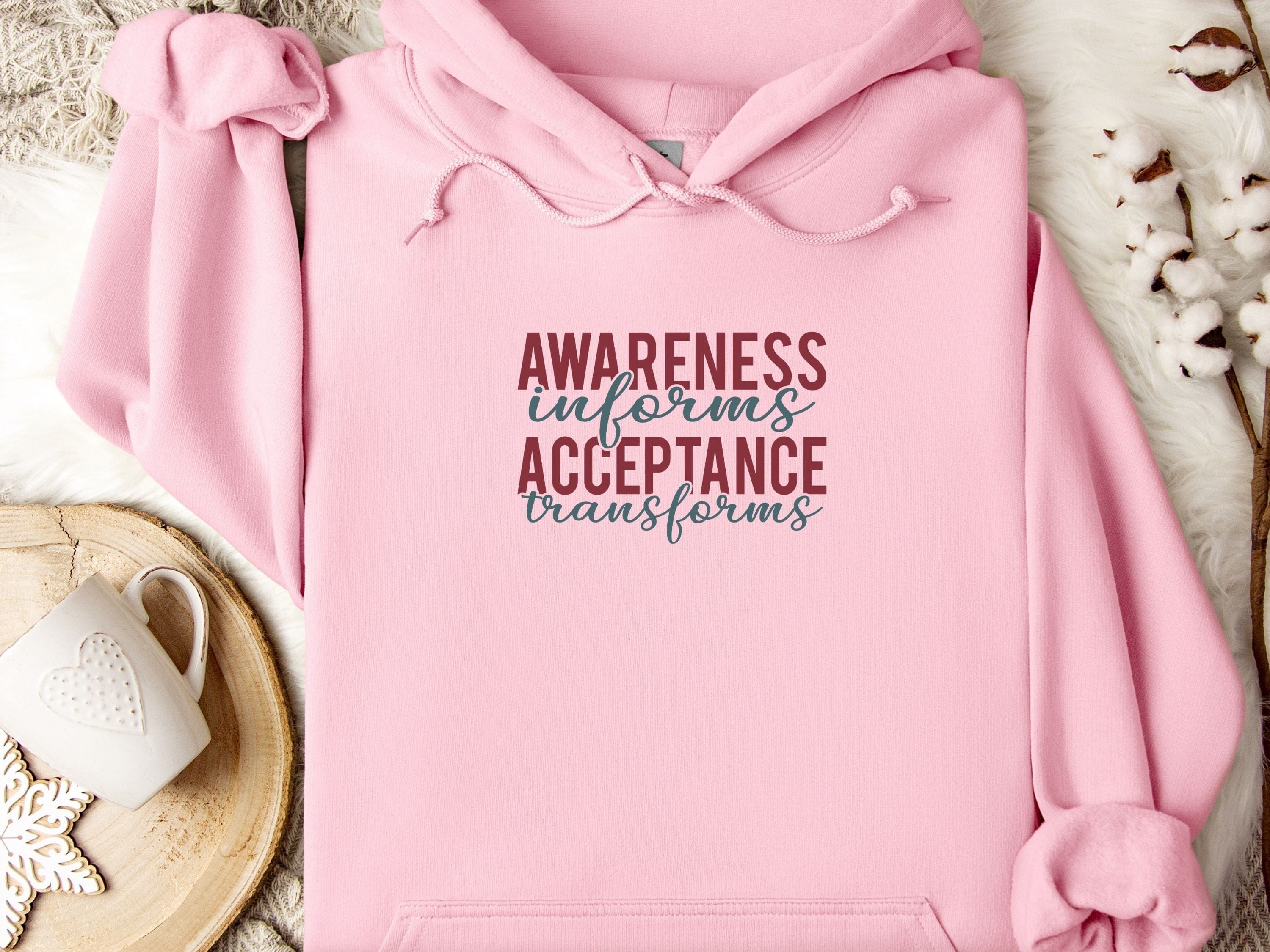 Awareness Informs Acceptance Transforms Hoodie-Light Pink-Neurodiversity, ADHD & Autism Awareness & Acceptance Hoodie by Daily Bloom