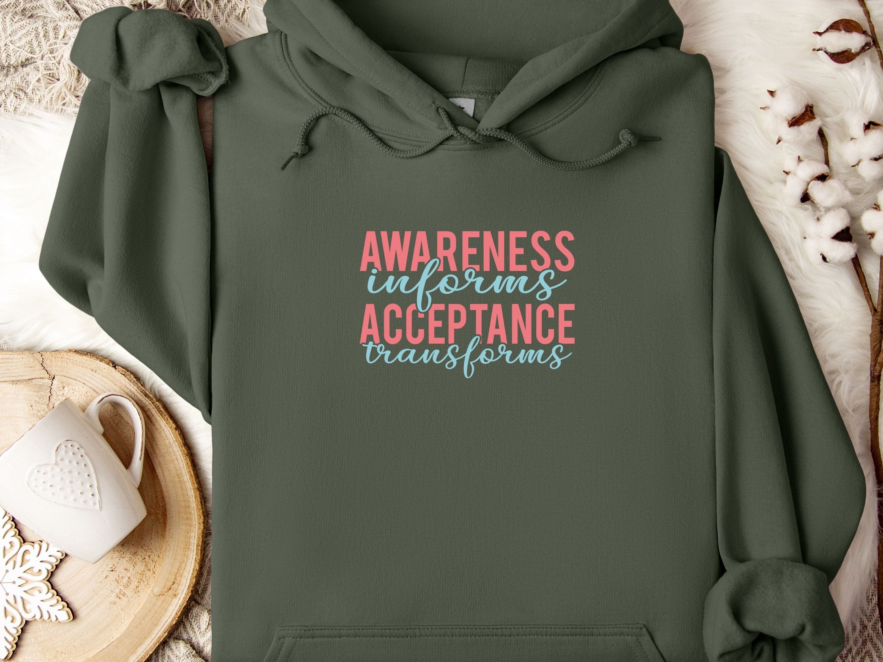 Awareness Informs Acceptance Transforms Hoodie-Military Green-Neurodiversity, ADHD & Autism Awareness & Acceptance Hoodie by Daily Bloom