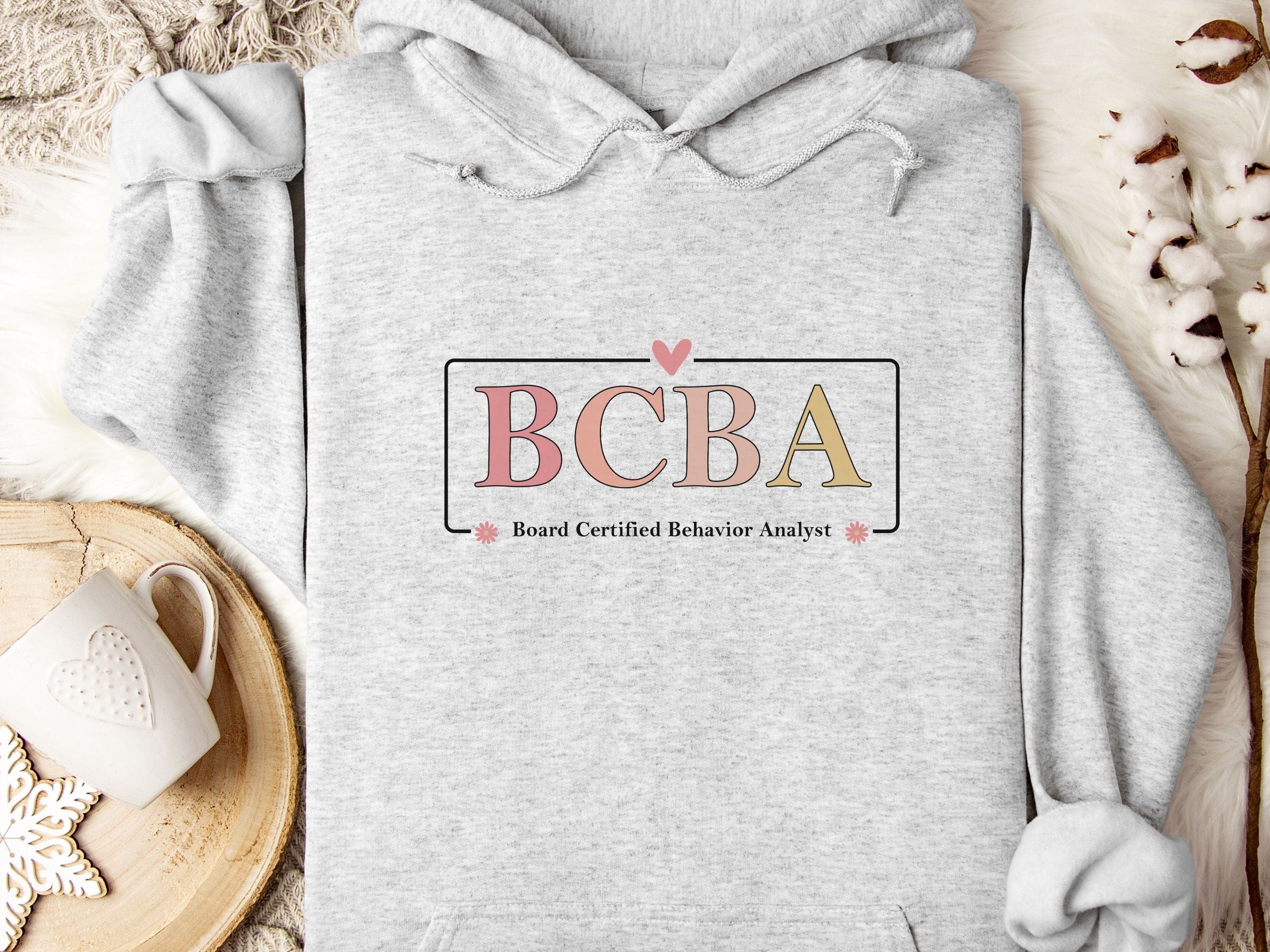 BCBA Outline Heart & Floral Hoodie-Ash-Neurodiversity, ADHD & Autism Awareness & Acceptance Hoodie by Daily Bloom