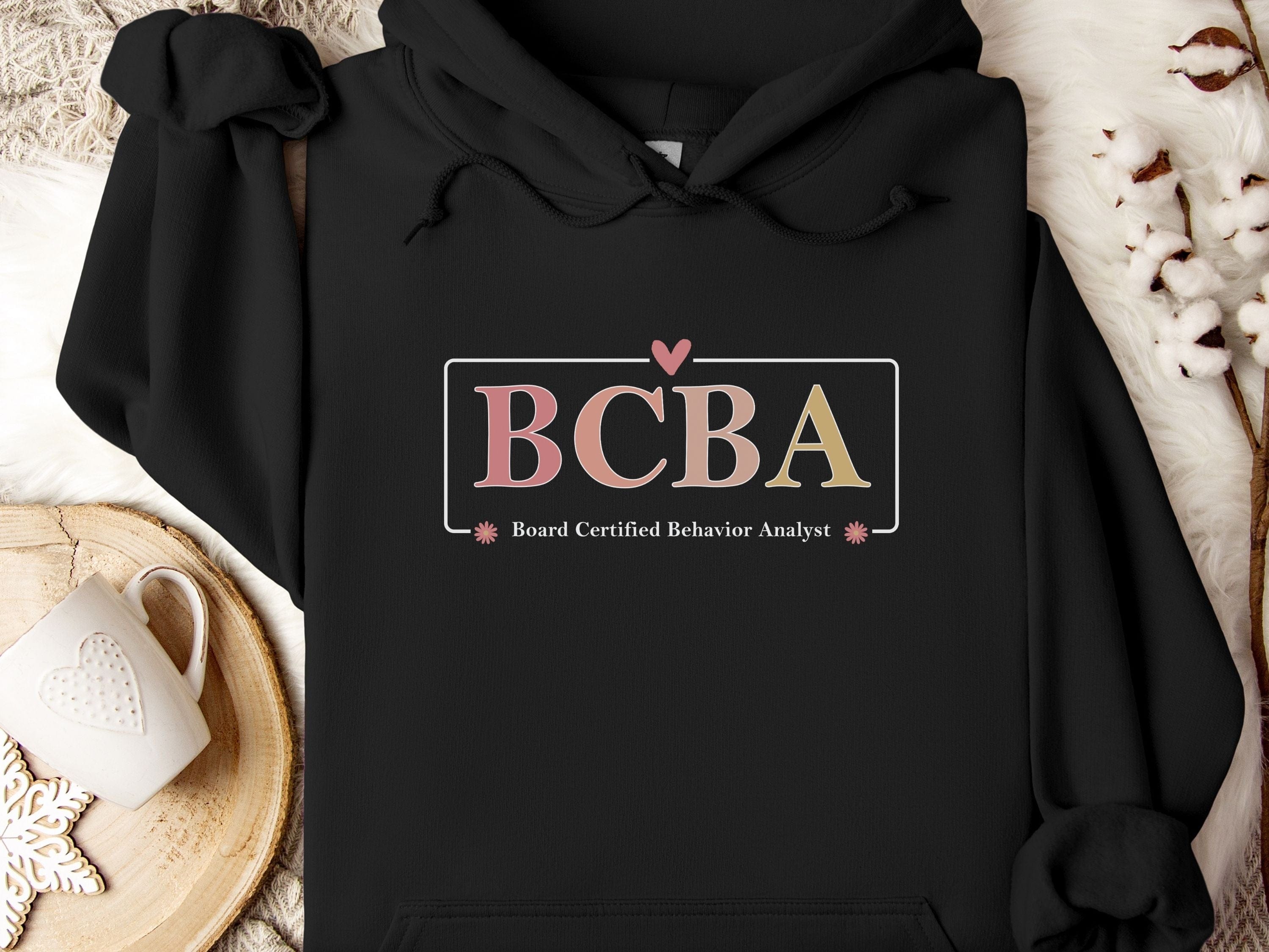 BCBA Outline Heart & Floral Hoodie-Black-Neurodiversity, ADHD & Autism Awareness & Acceptance Hoodie by Daily Bloom