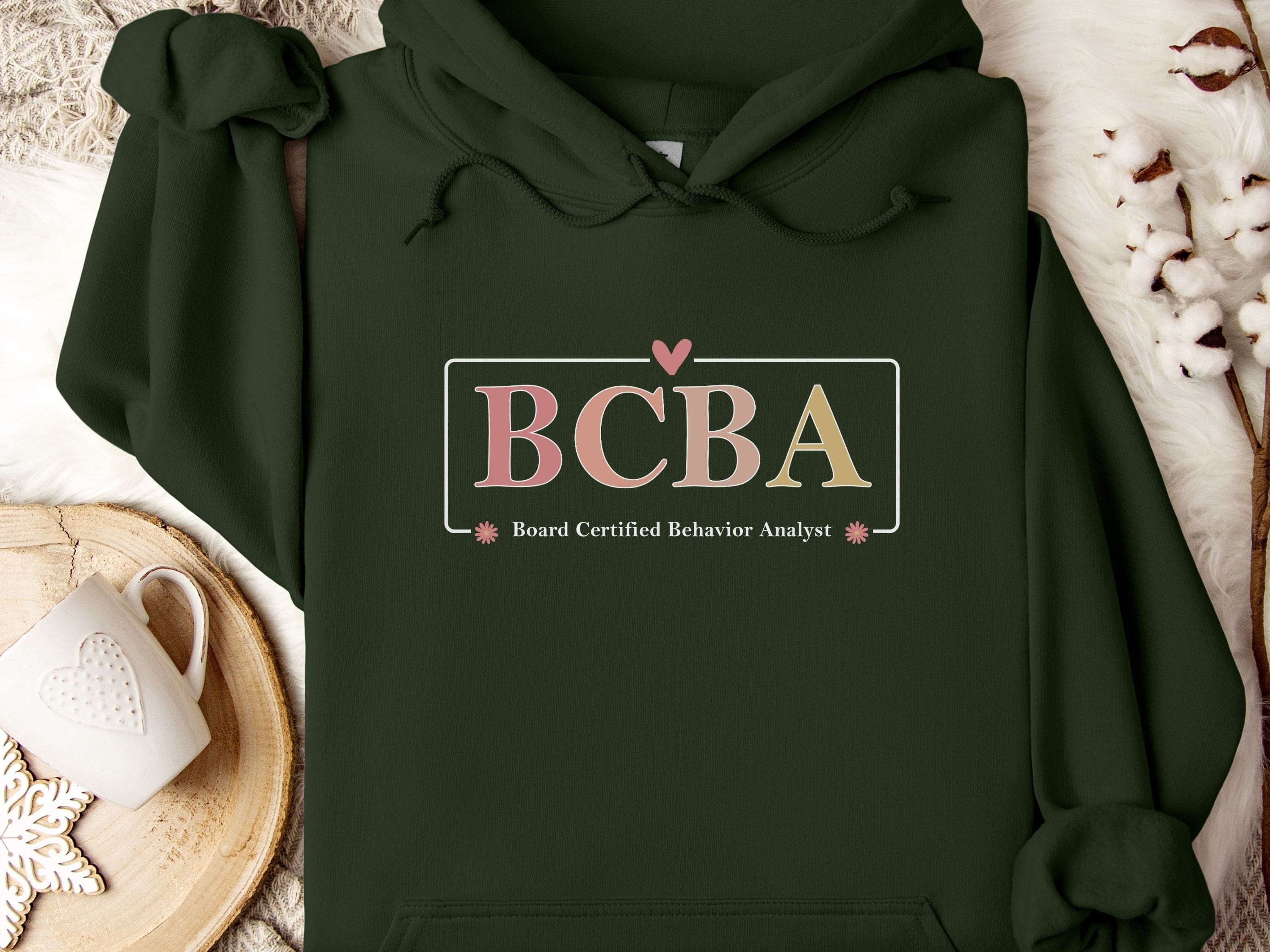 BCBA Outline Heart & Floral Hoodie-Forest Green-Neurodiversity, ADHD & Autism Awareness & Acceptance Hoodie by Daily Bloom